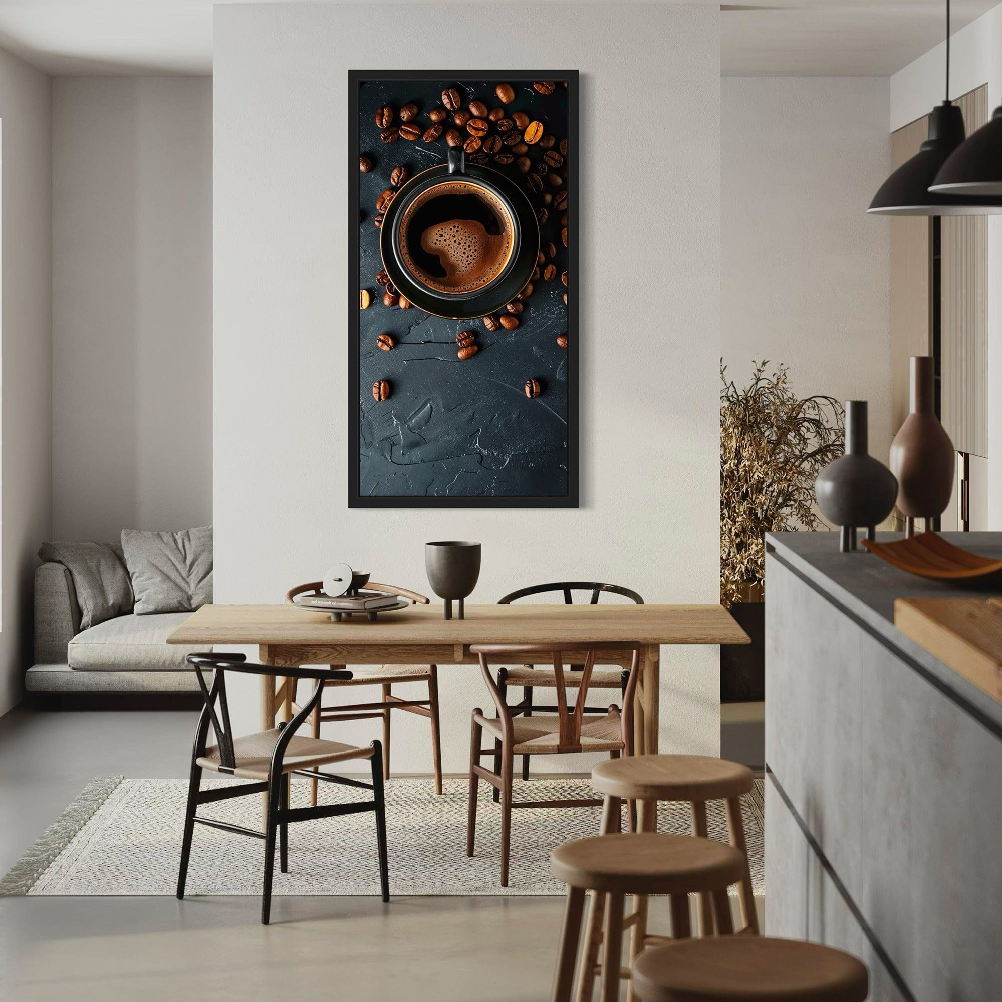 Breakfast nook art hot coffee in black mug