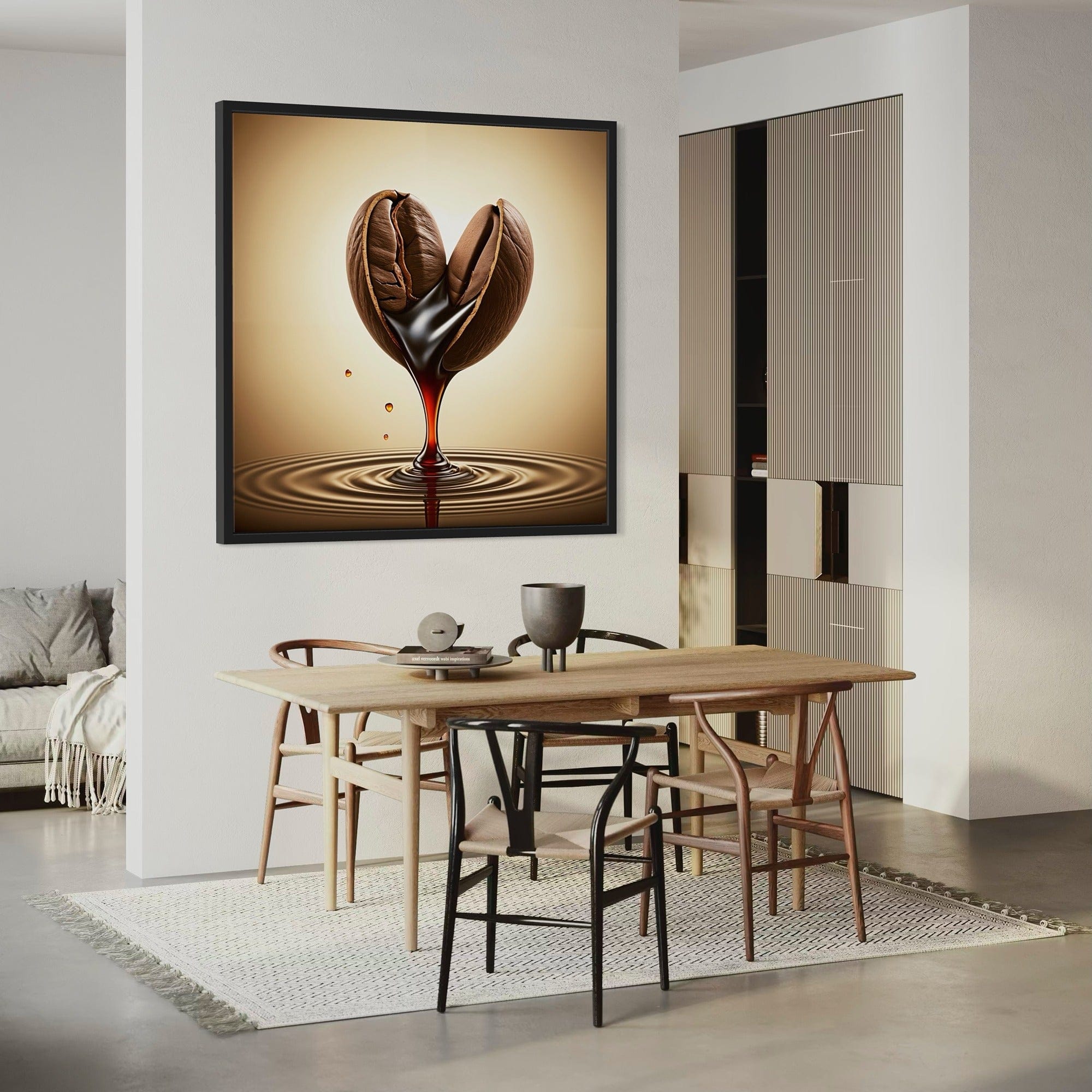 Side angle view of coffee themed kitchen canvas wall decor