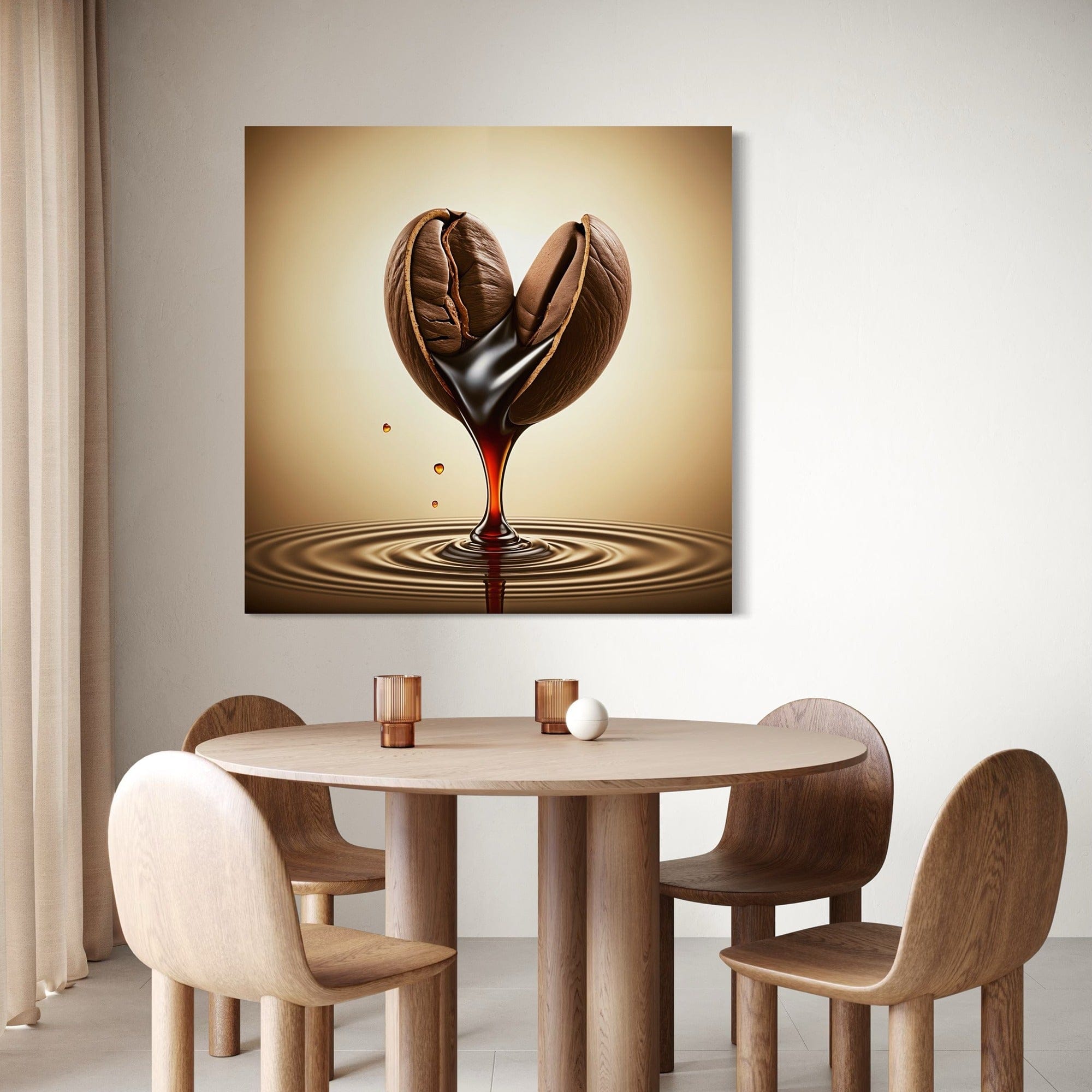 Framed coffee lover artwork displayed above contemporary dining table