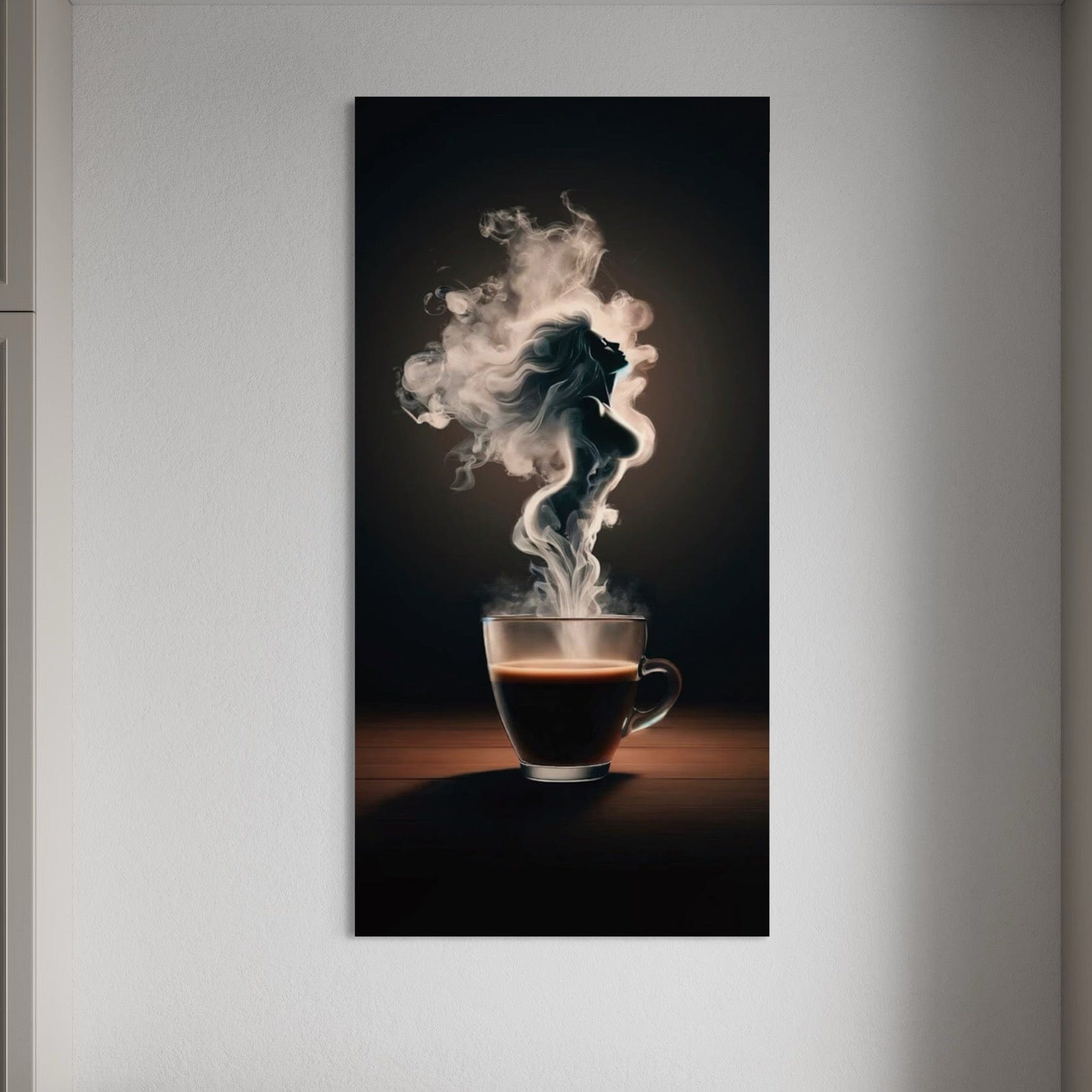 Coffee wall art with steaming cup silhouette