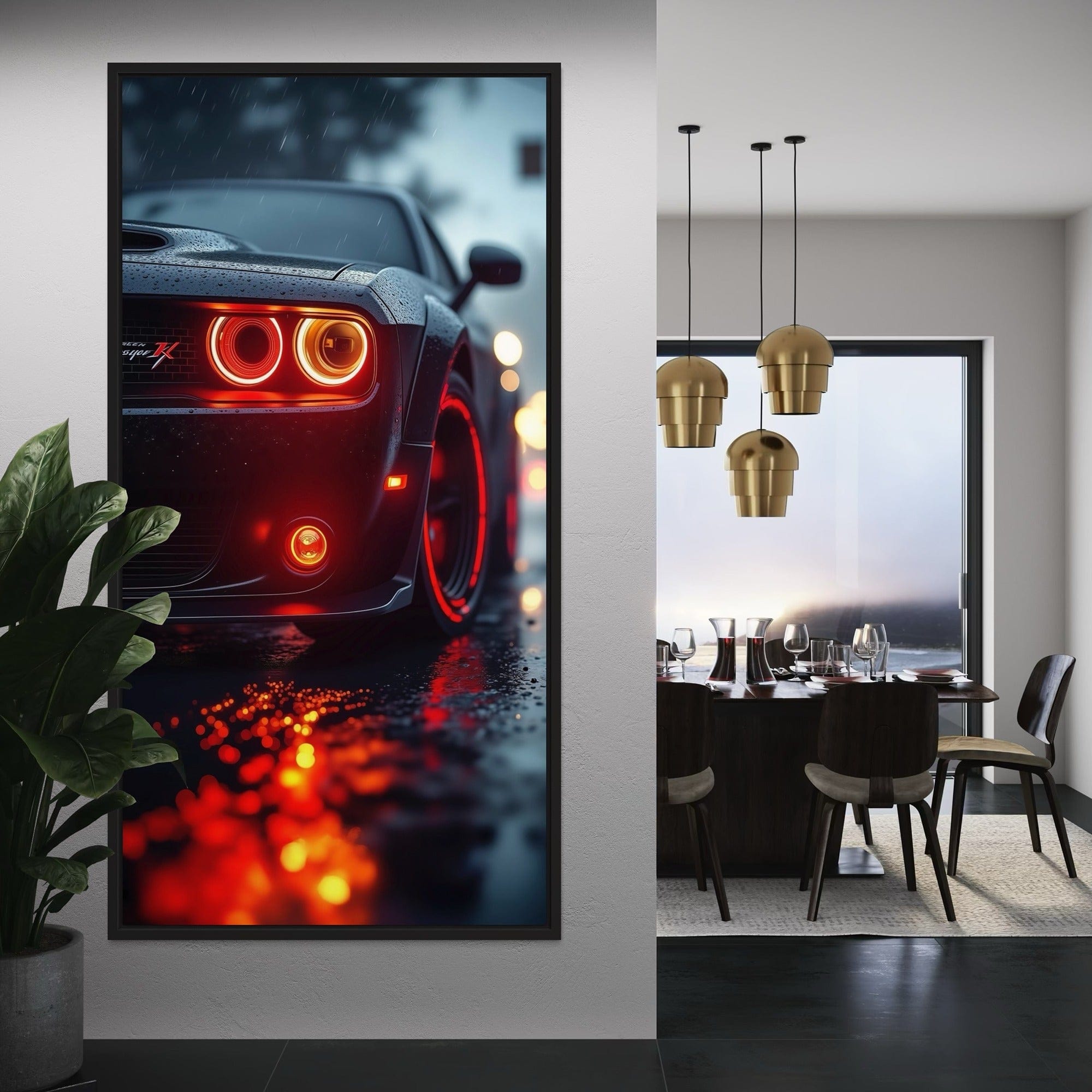 Nahaufnahme von leuchtend roten Scheinwerfern auf einem dunklen Muscle-Car-Druck