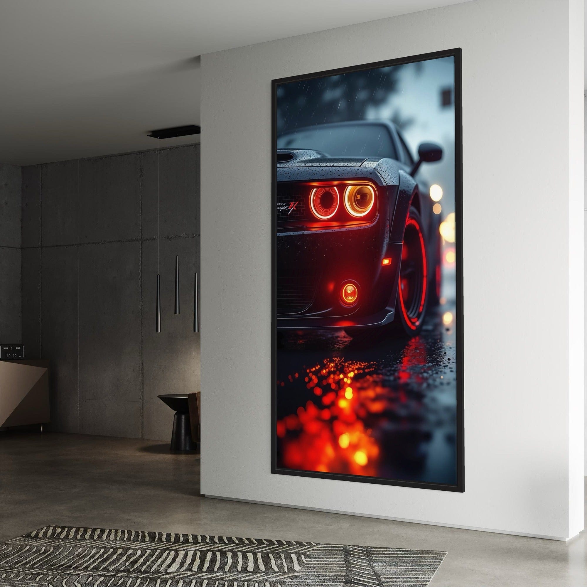 Dekoration für die Männerhöhle mit einem Druck eines regennassen amerikanischen Muscle Cars