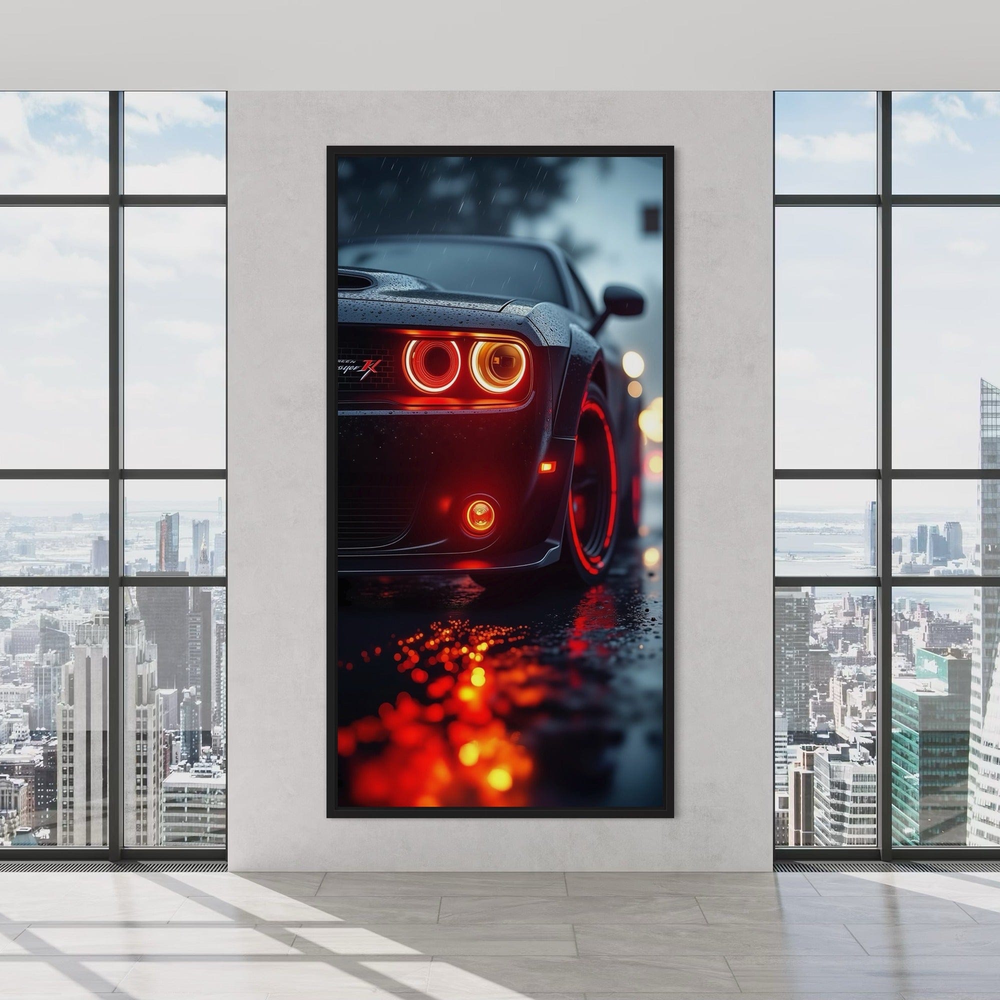 Nahaufnahme der matten Leinwandoberfläche und der lebendigen Fahrzeugbeleuchtung