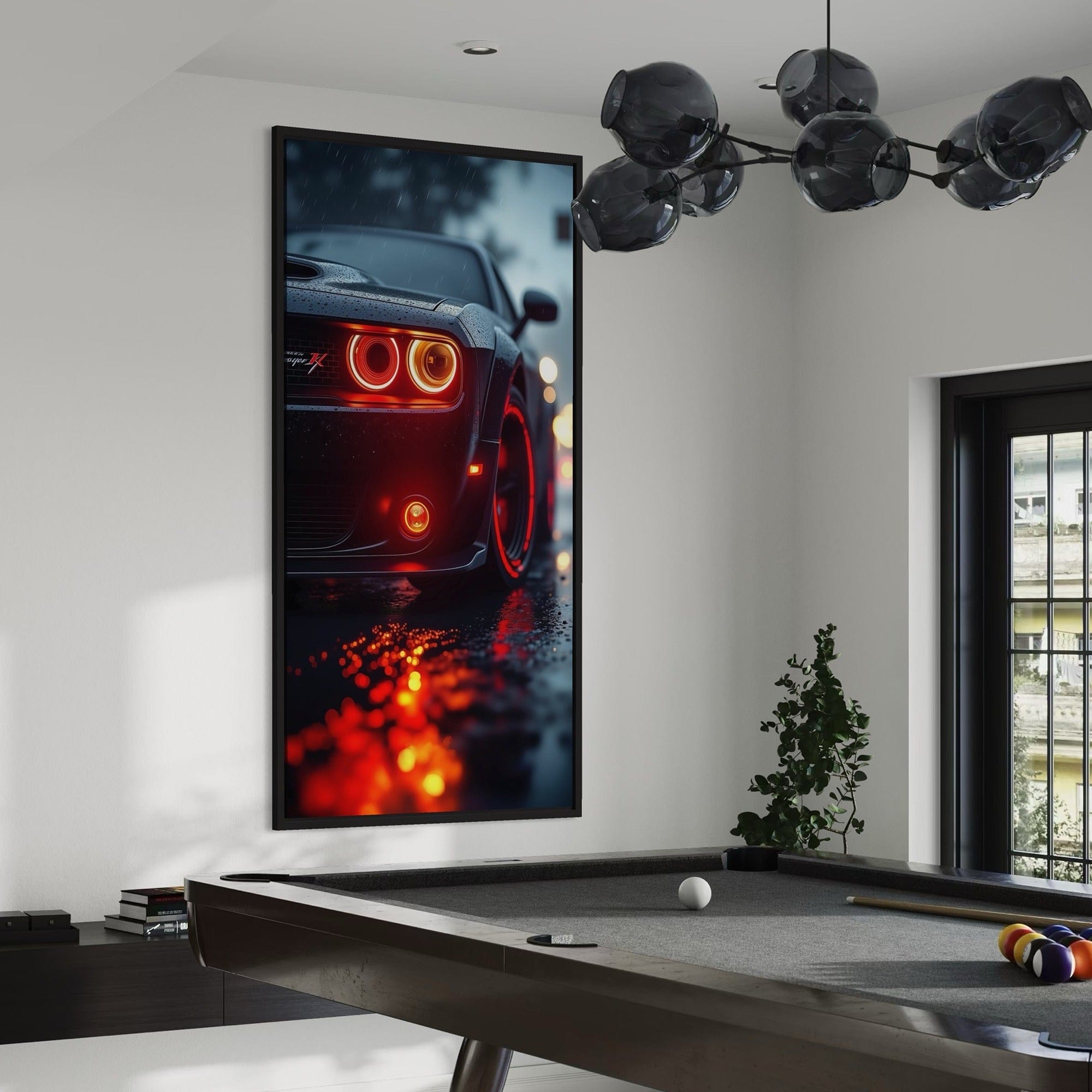 Mockup einer Büroeinrichtung mit auffälliger Wanddekoration mit amerikanischen Muscle Cars