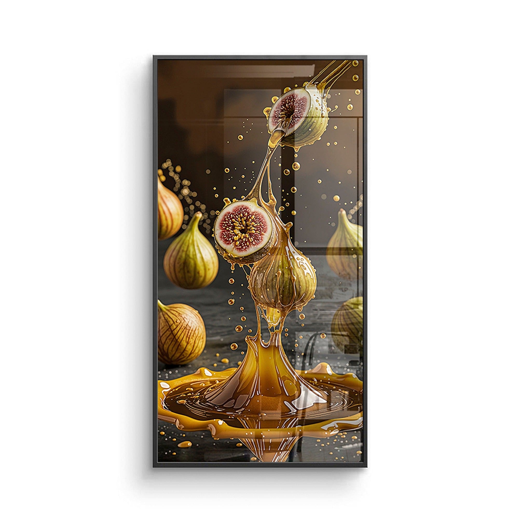 Close-up of ripe figs with golden honey texture on dark background