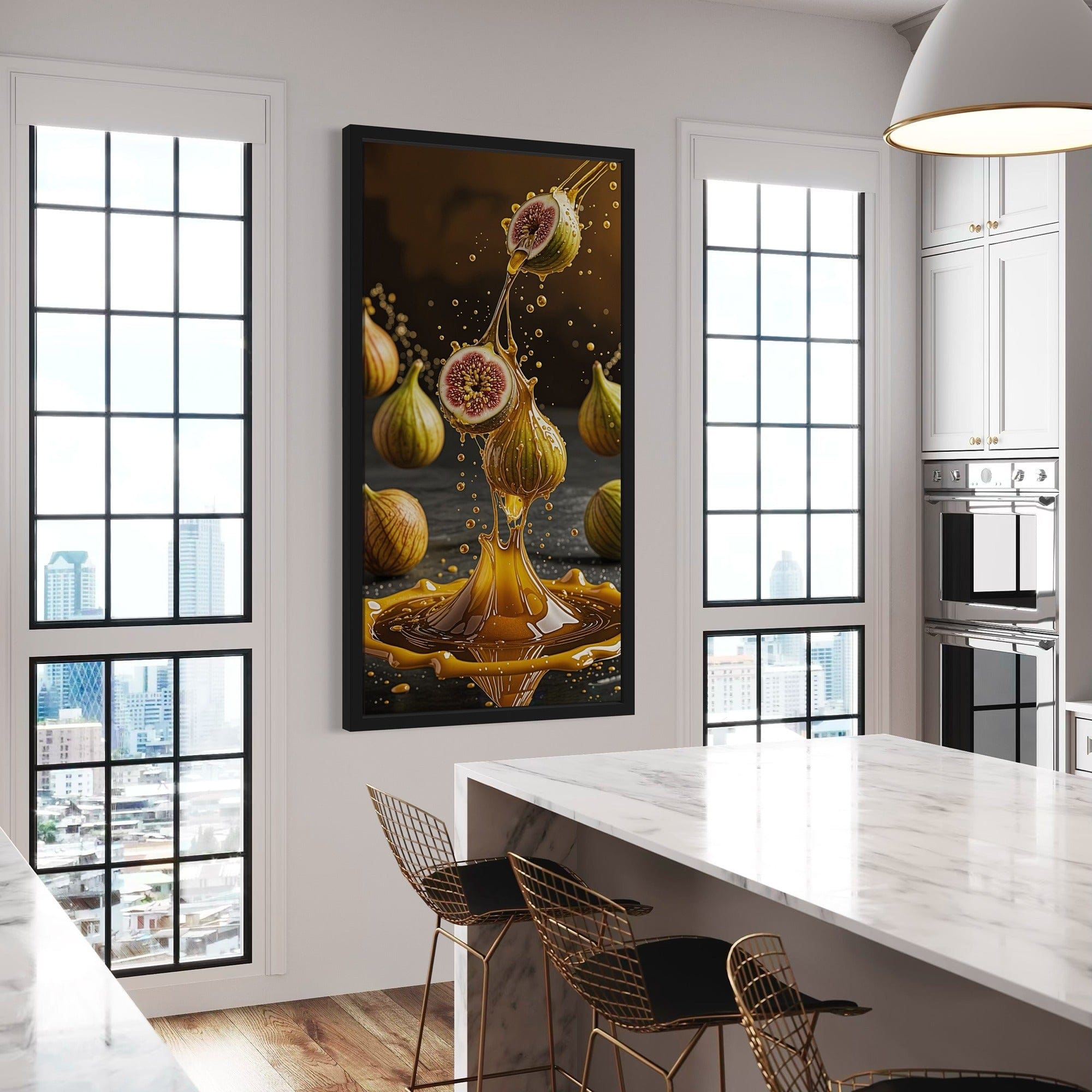 Macro detail of fig seeds and honey droplets on canvas