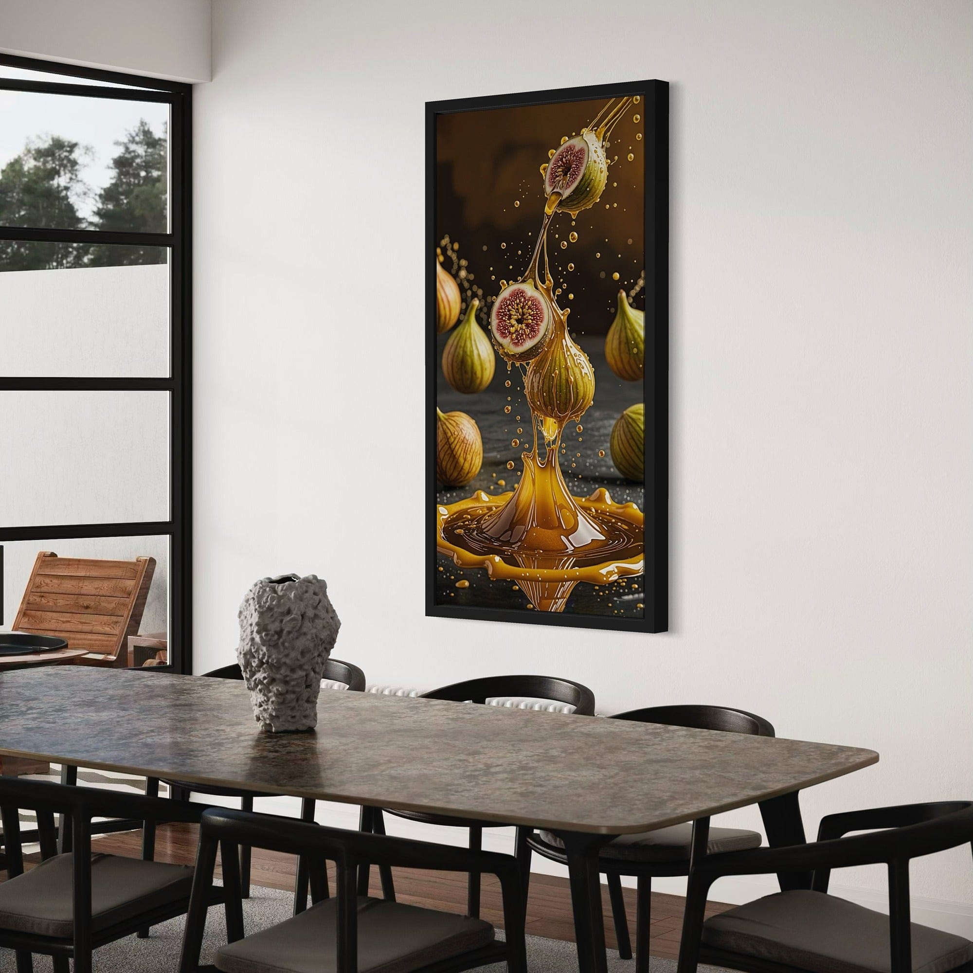 Framed fig and honey artwork on kitchen wall