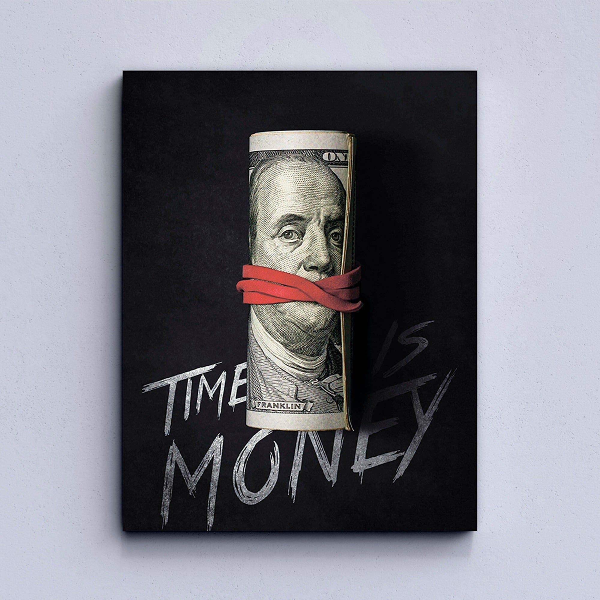 Close up detail of Benjamin Franklin hundred dollar bill motivational canvas print