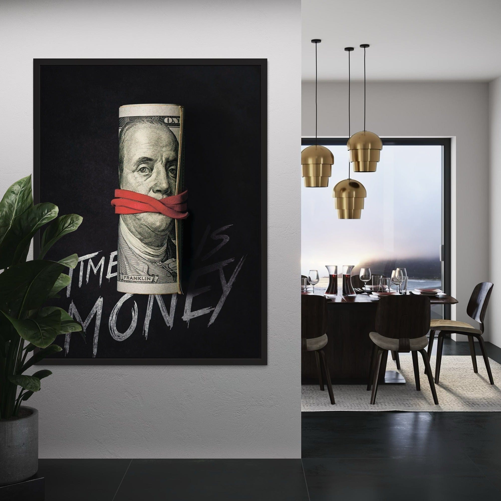 Framed money motivation artwork displayed above contemporary desk setup