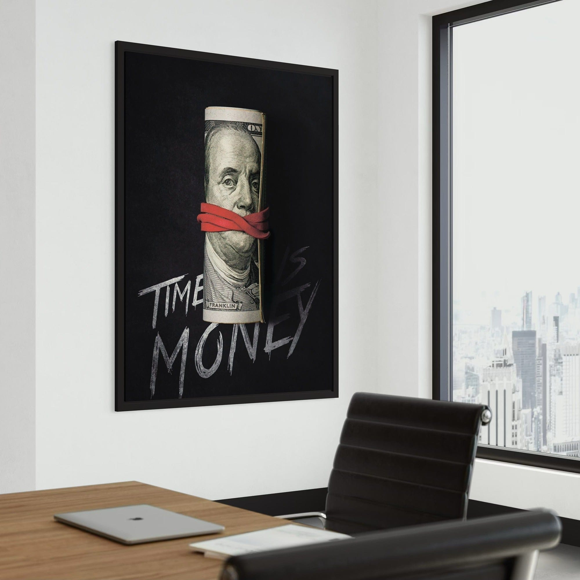 Entrepreneur office decor featuring time is money canvas artwork