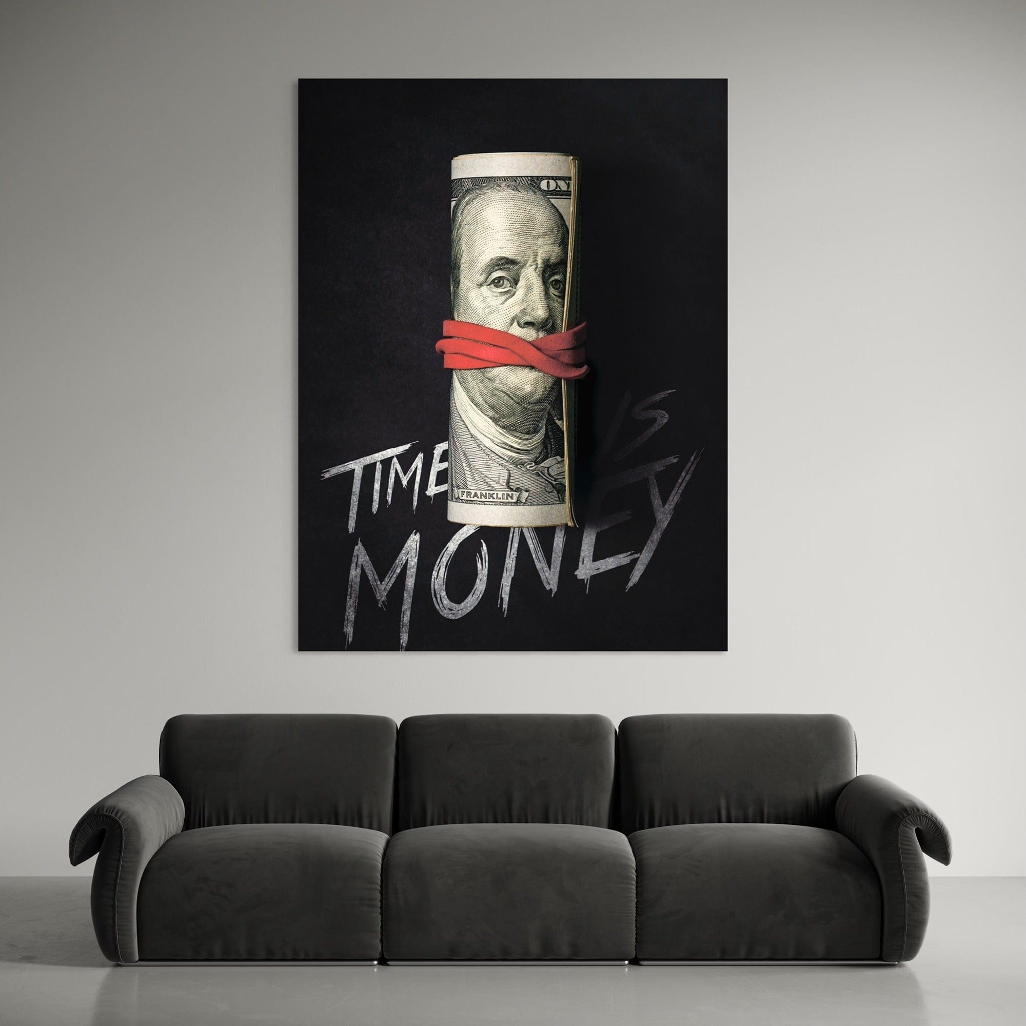 Time is money canvas wall art displayed in modern office interior