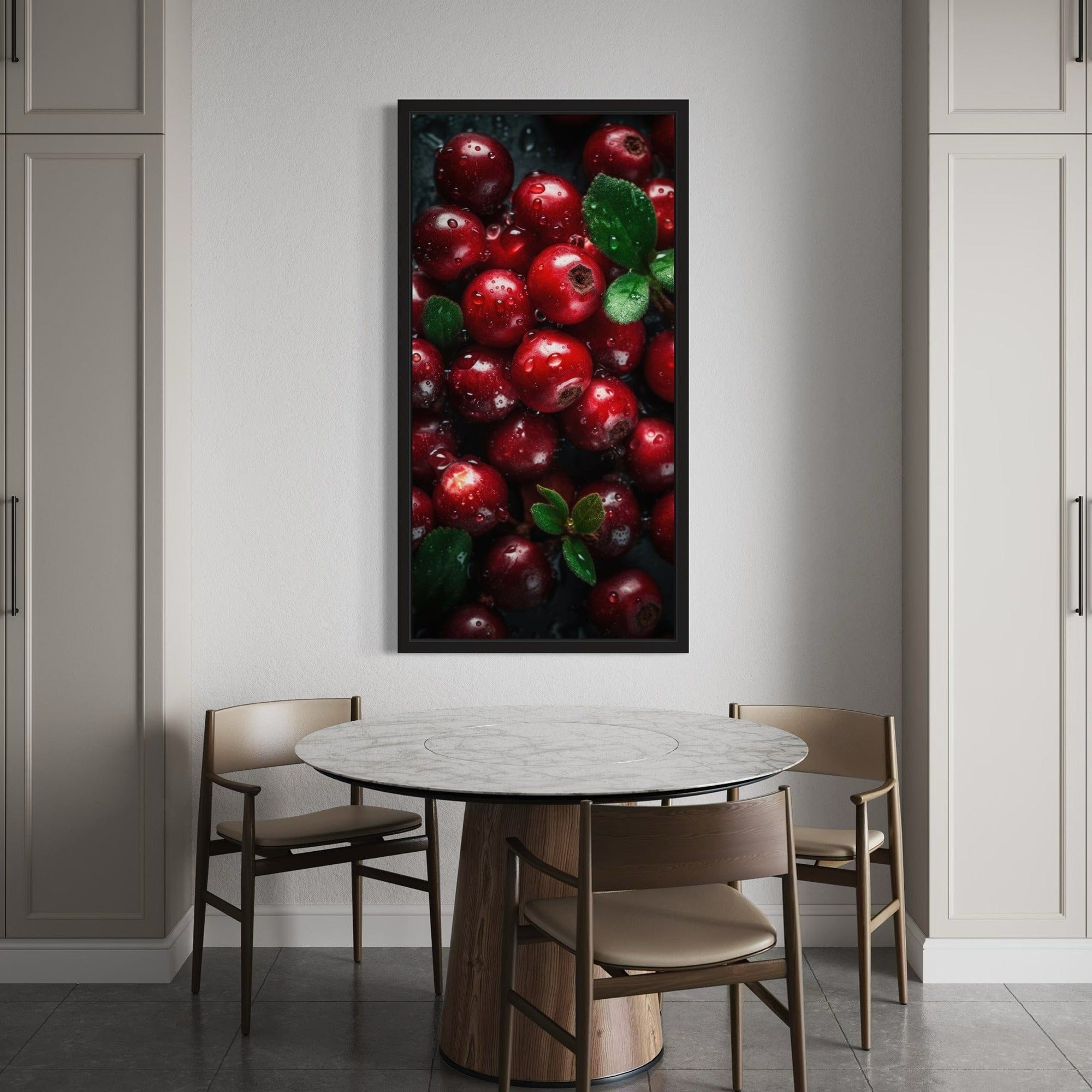 Natural red lingonberries with green leaves