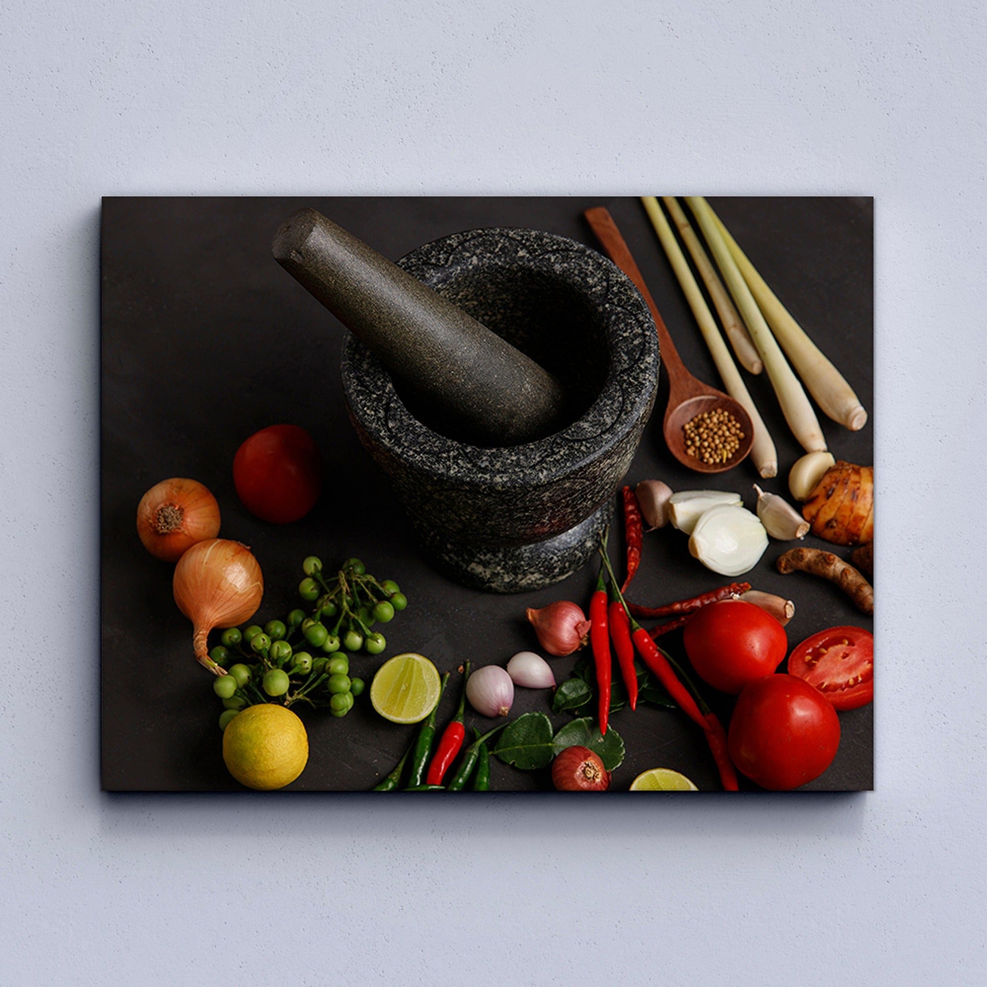 Contemporary kitchen wall art with mortar pestle