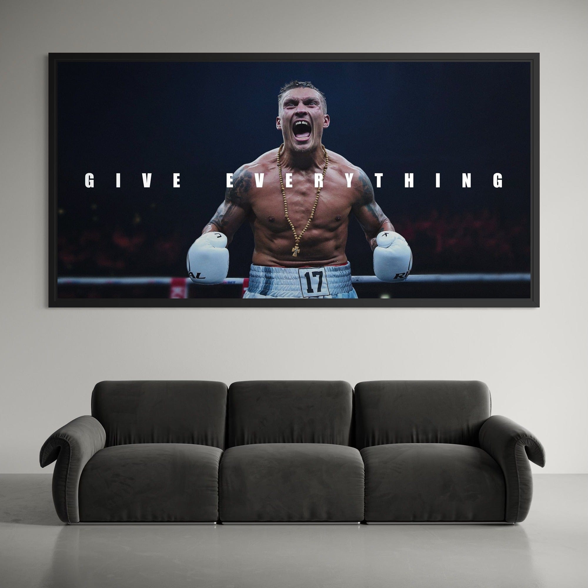 Motivational boxing canvas wall art with fighter Oleksandr Usyk shouting give everything quote