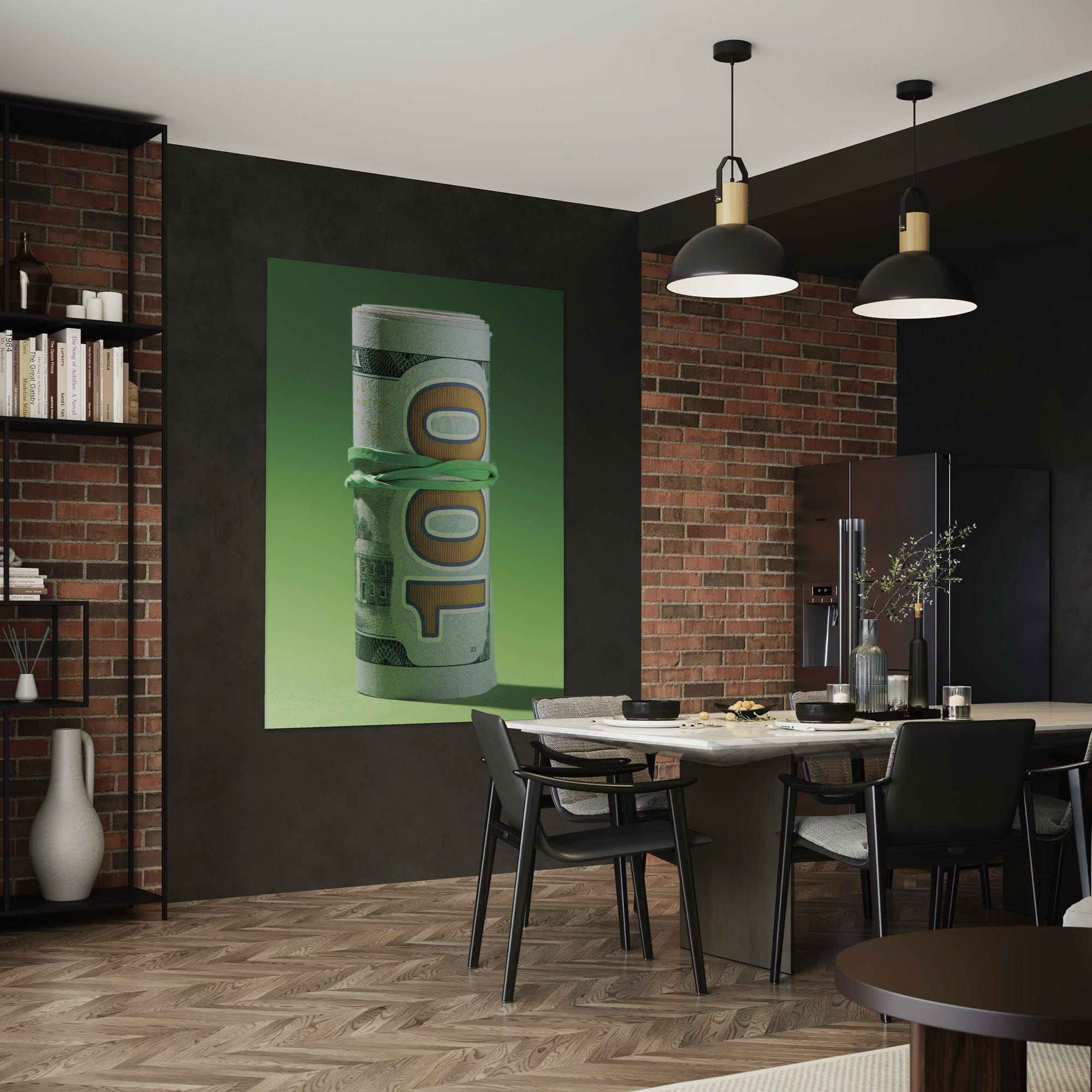 Framed money themed artwork displayed above contemporary desk setup