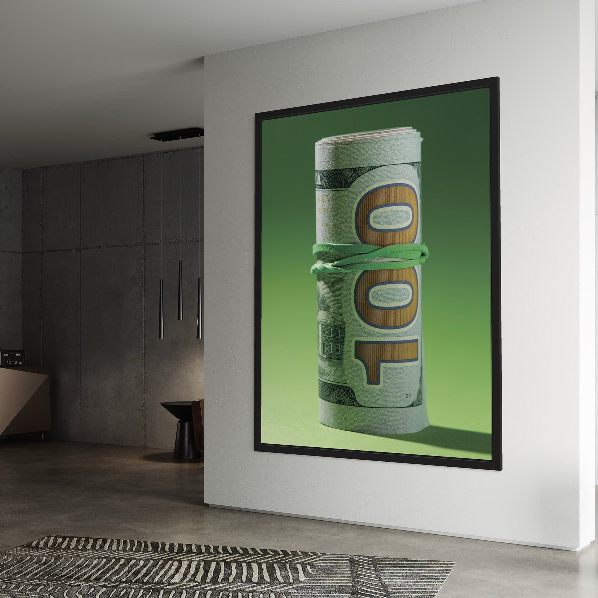 Side angle view of money canvas wall decor with green background