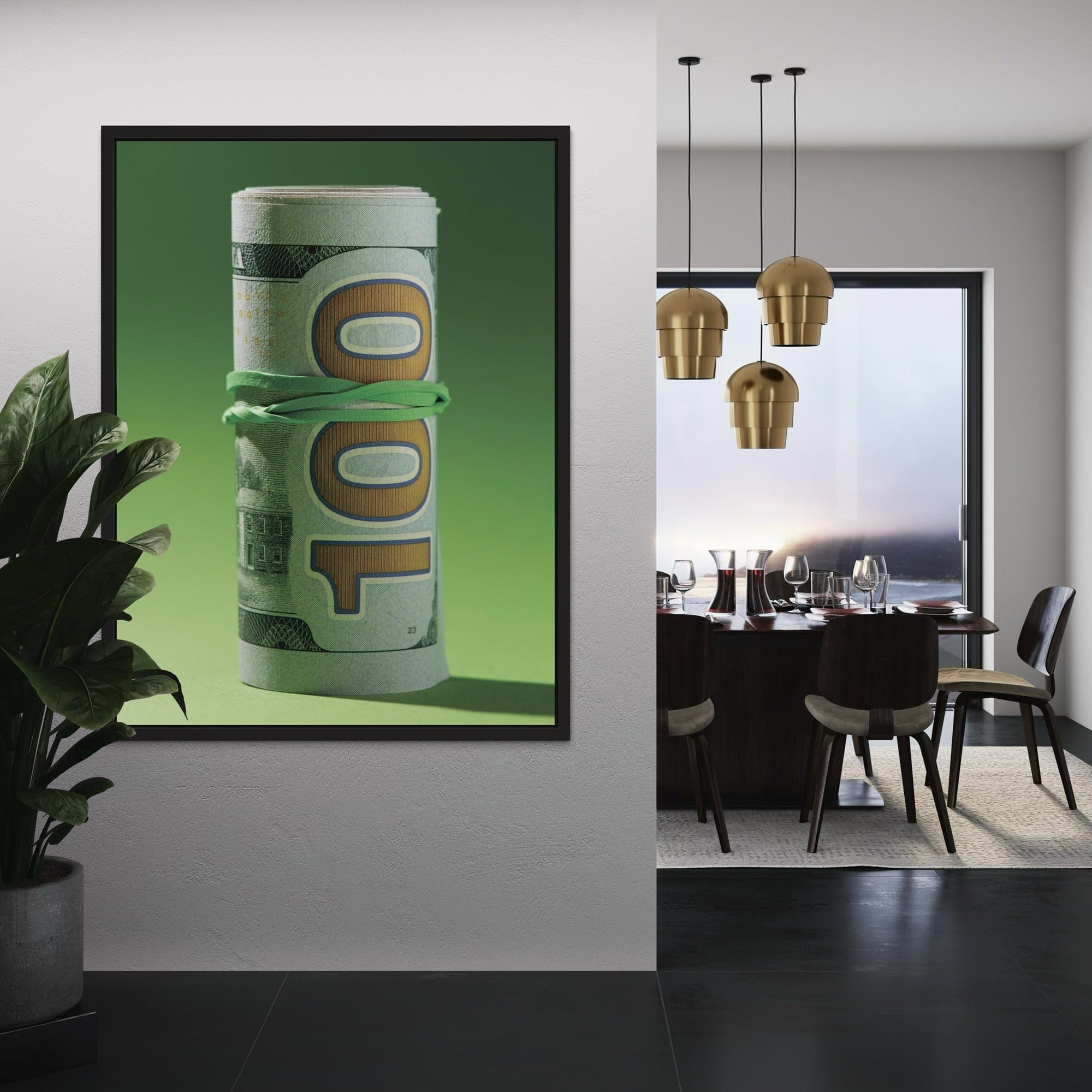 Detailed texture of rolled dollar bill illustration on premium canvas