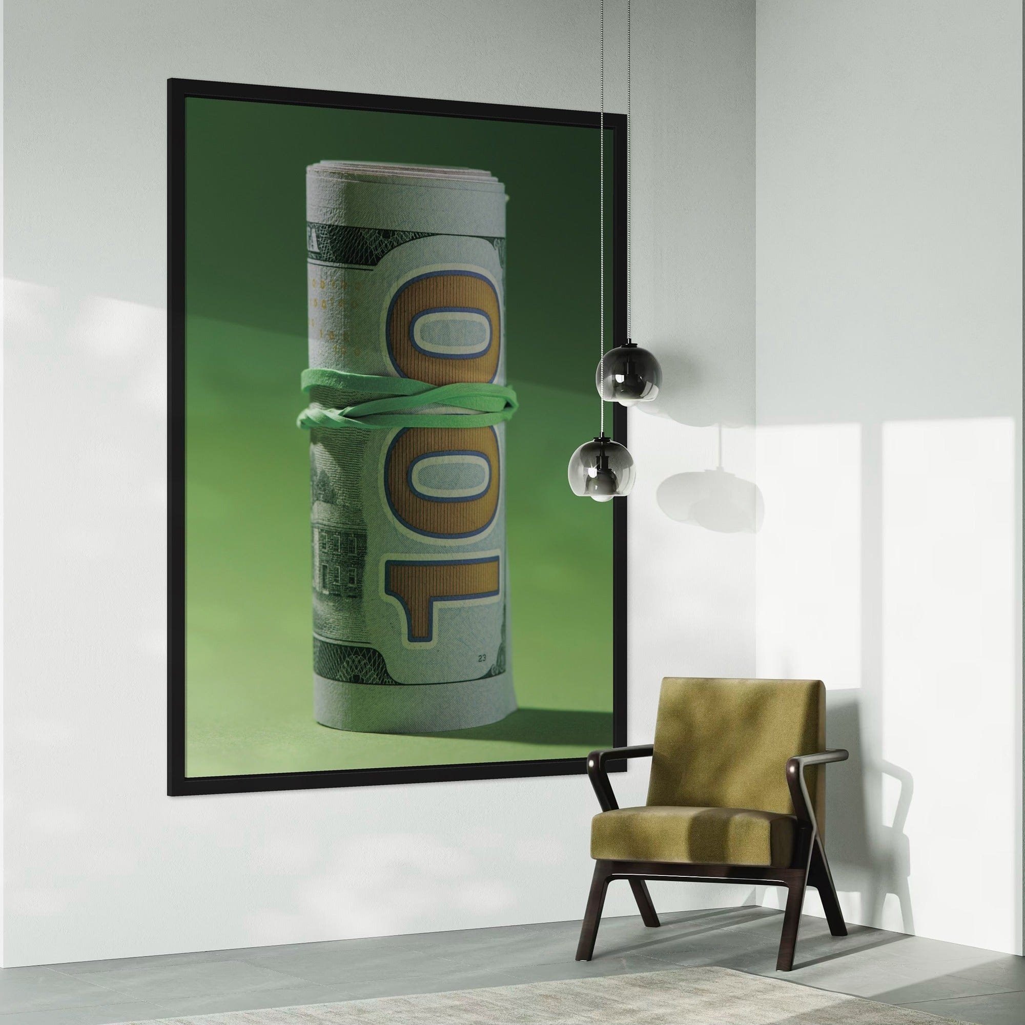 Entrepreneur workspace decor featuring rolled dollar canvas artwork