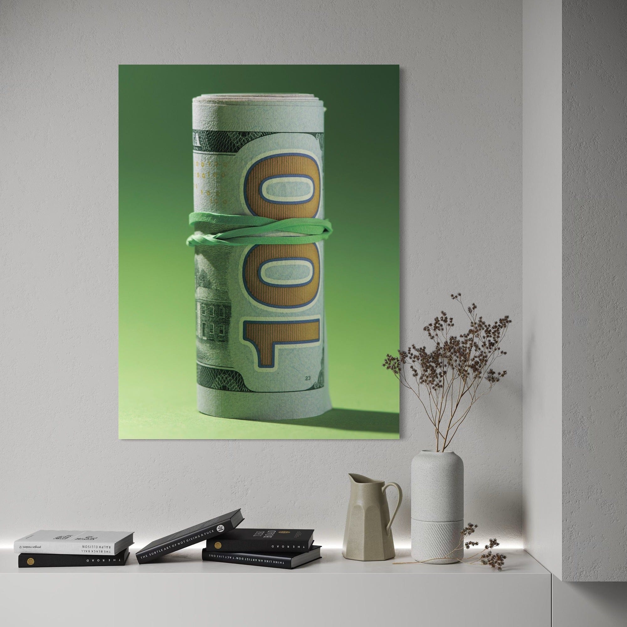 100 dollar roll canvas wall art displayed in modern office interior