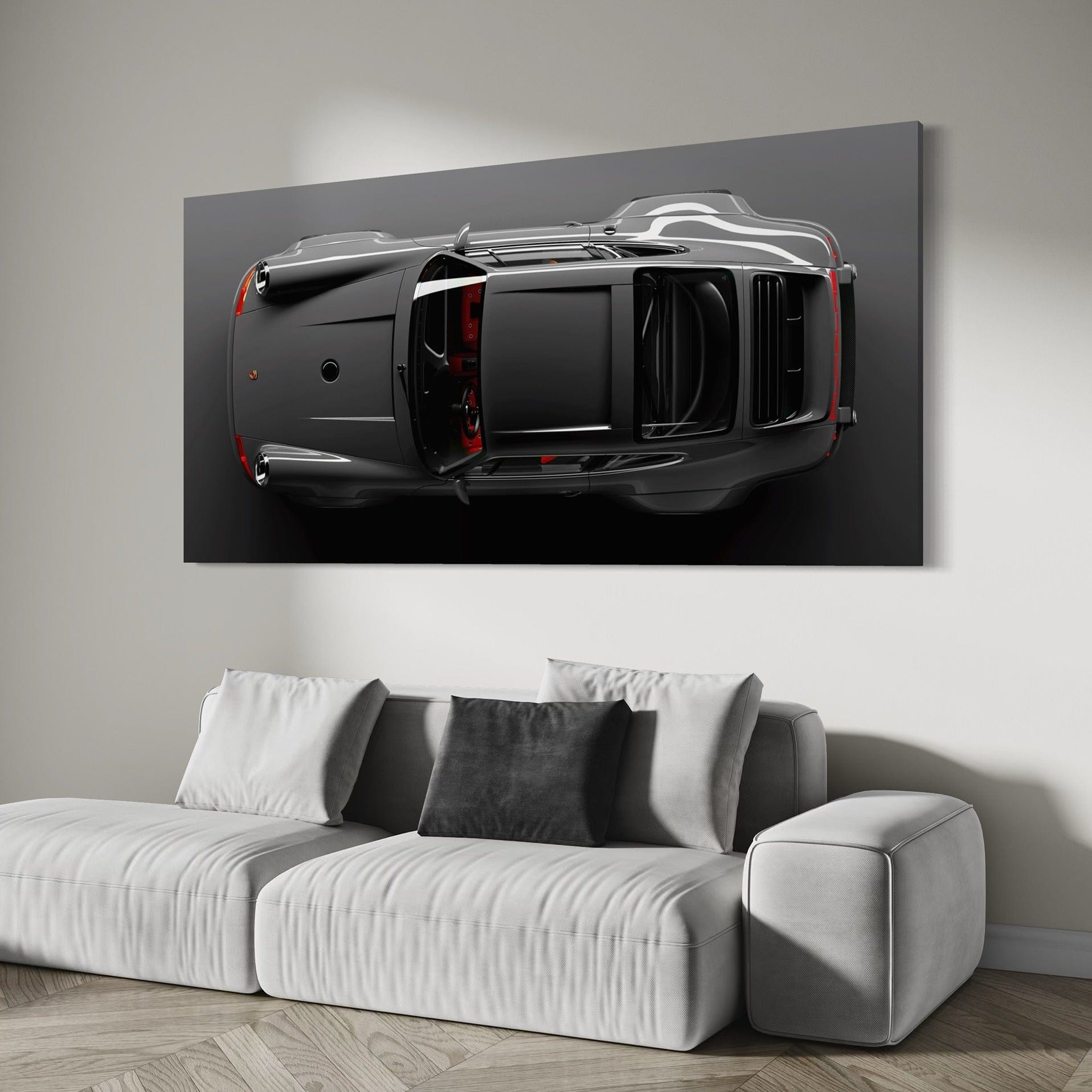 Grey Porsche 911 artwork with red accents