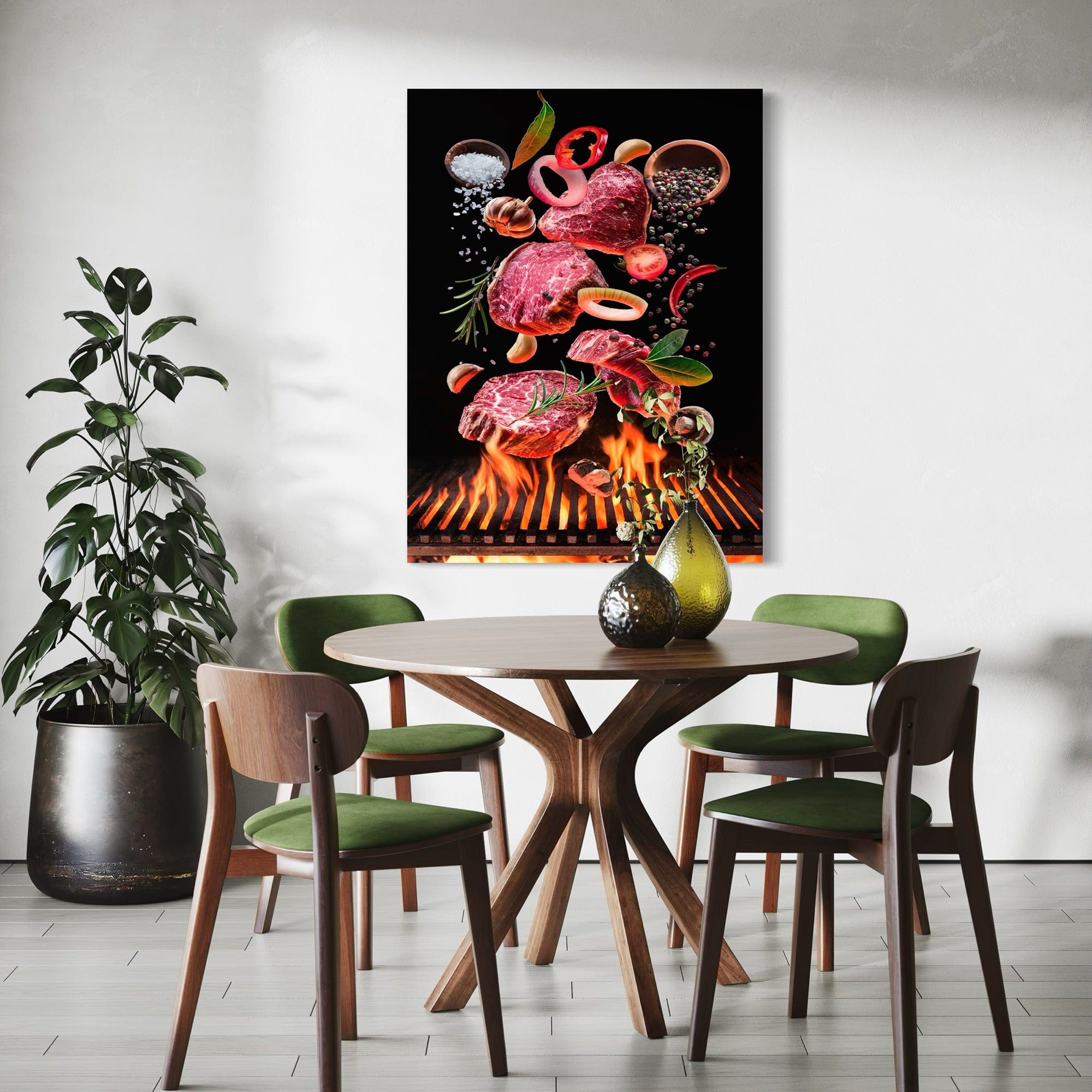 Dark background flaming grill food art canvas