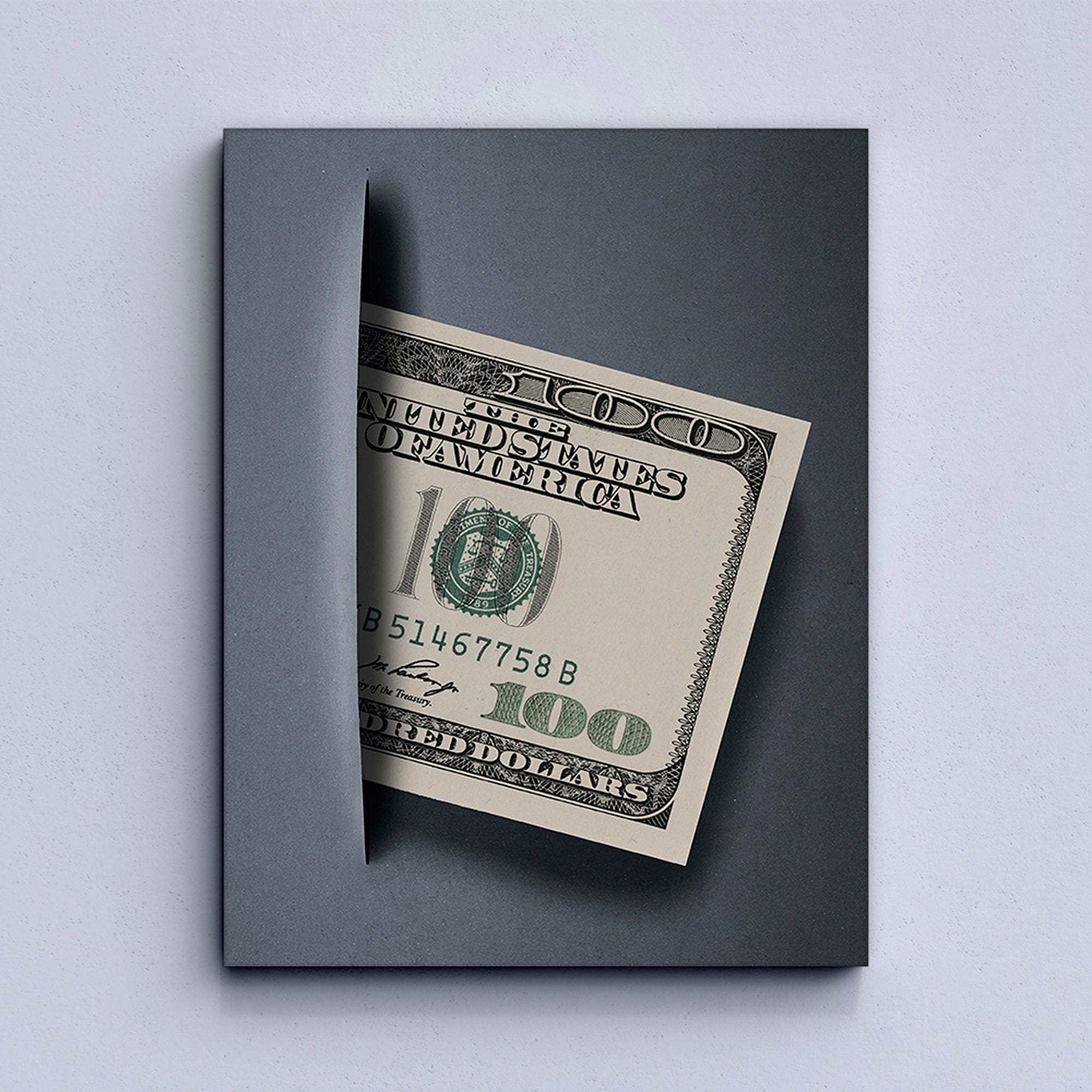 100 dollar canvas wall art displayed in modern office interior