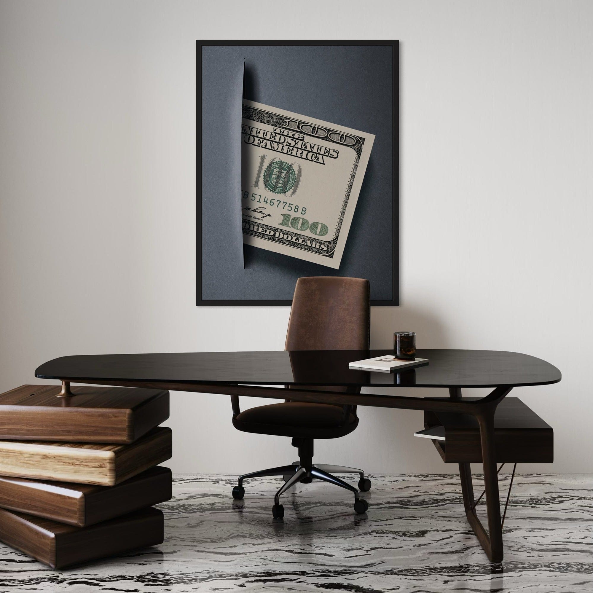 Side angle view of minimalist money canvas wall decor