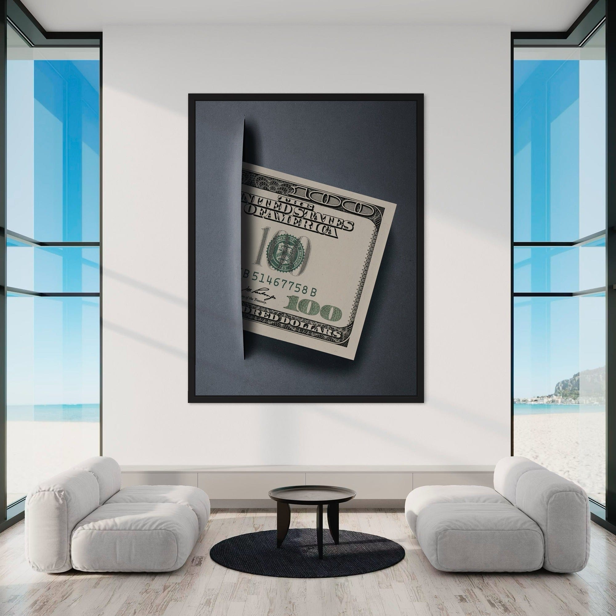 Entrepreneur office decor featuring 100 dollar canvas artwork