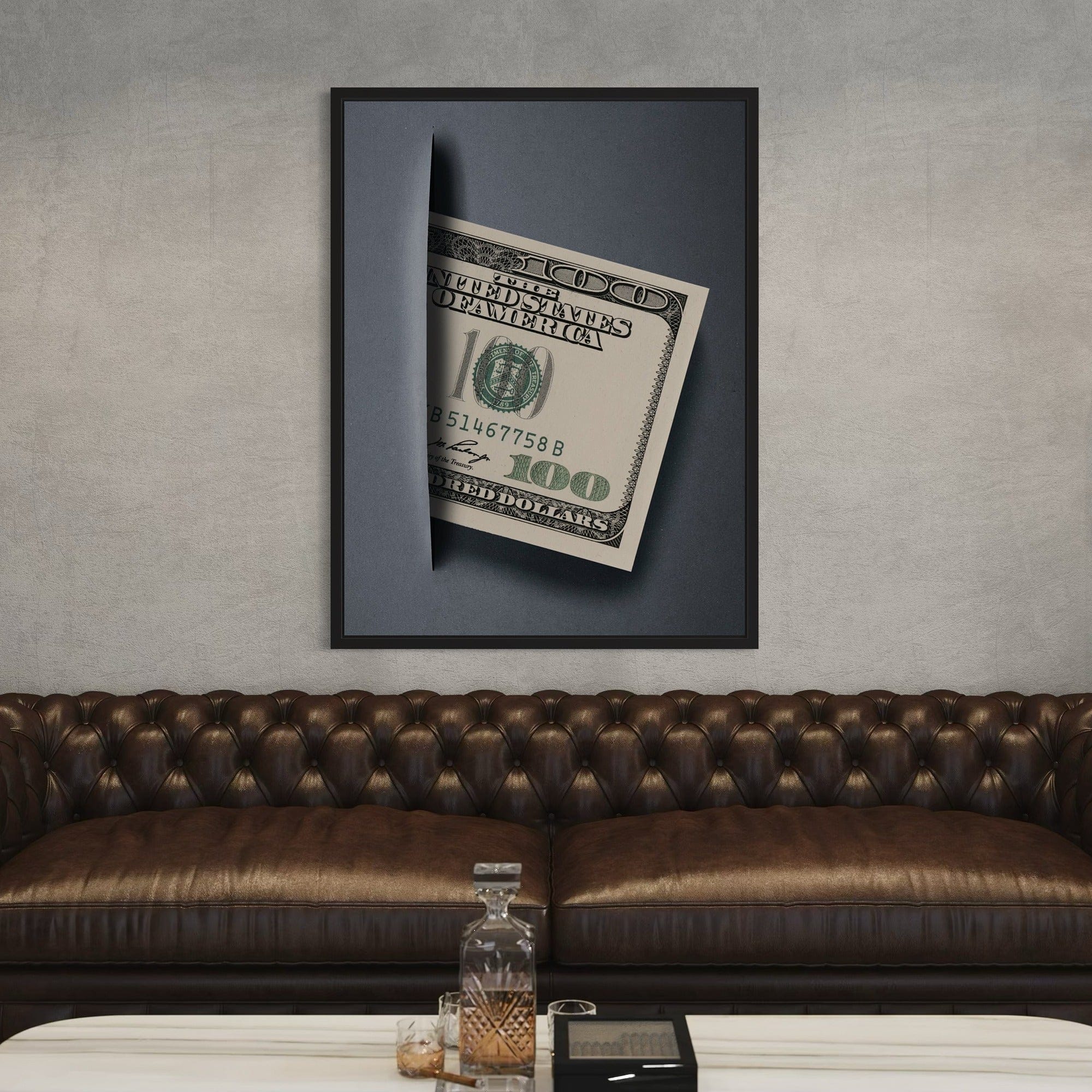 Square format minimalist money wall art for modern office interior design