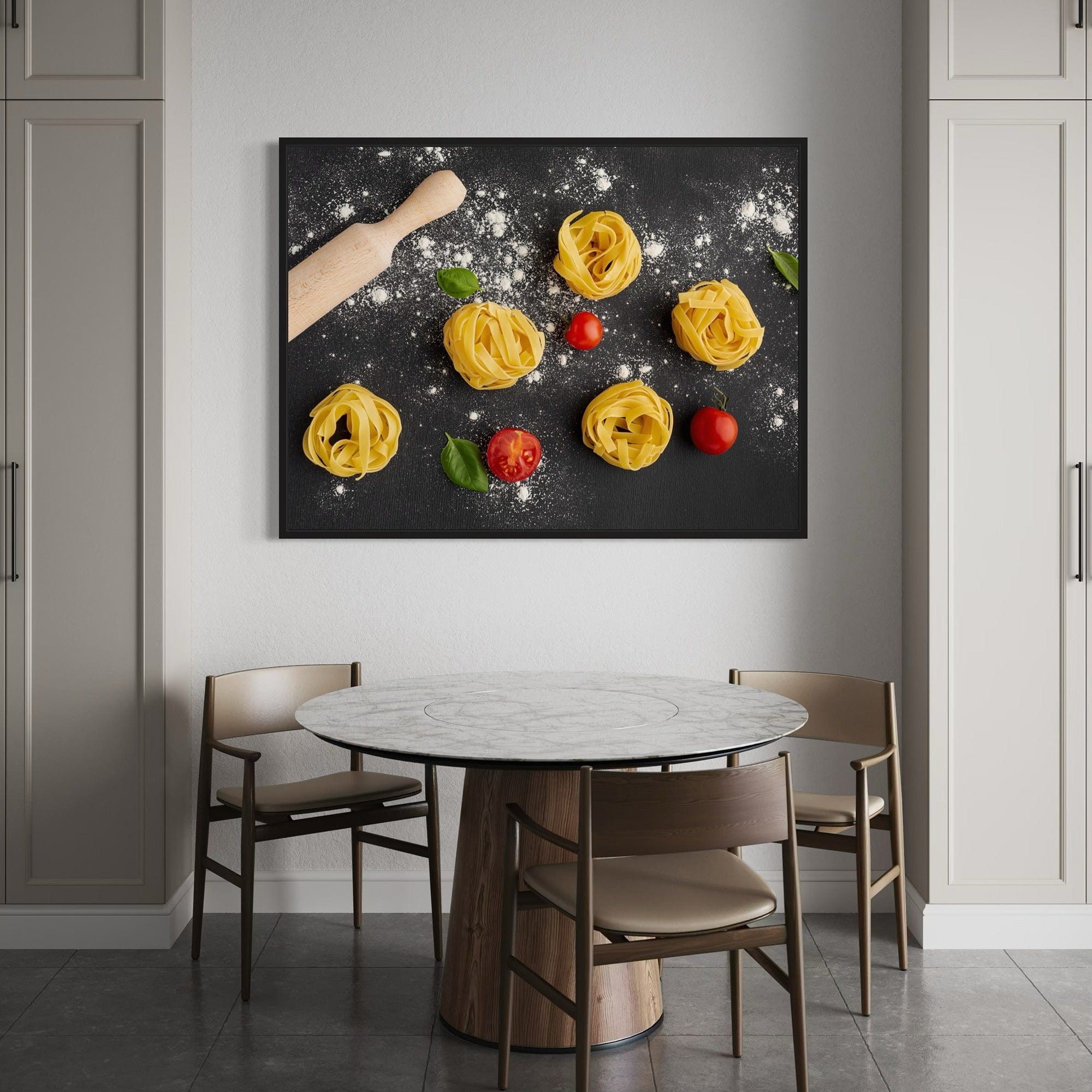 Modern kitchen canvas with basil leaves and tomatoes