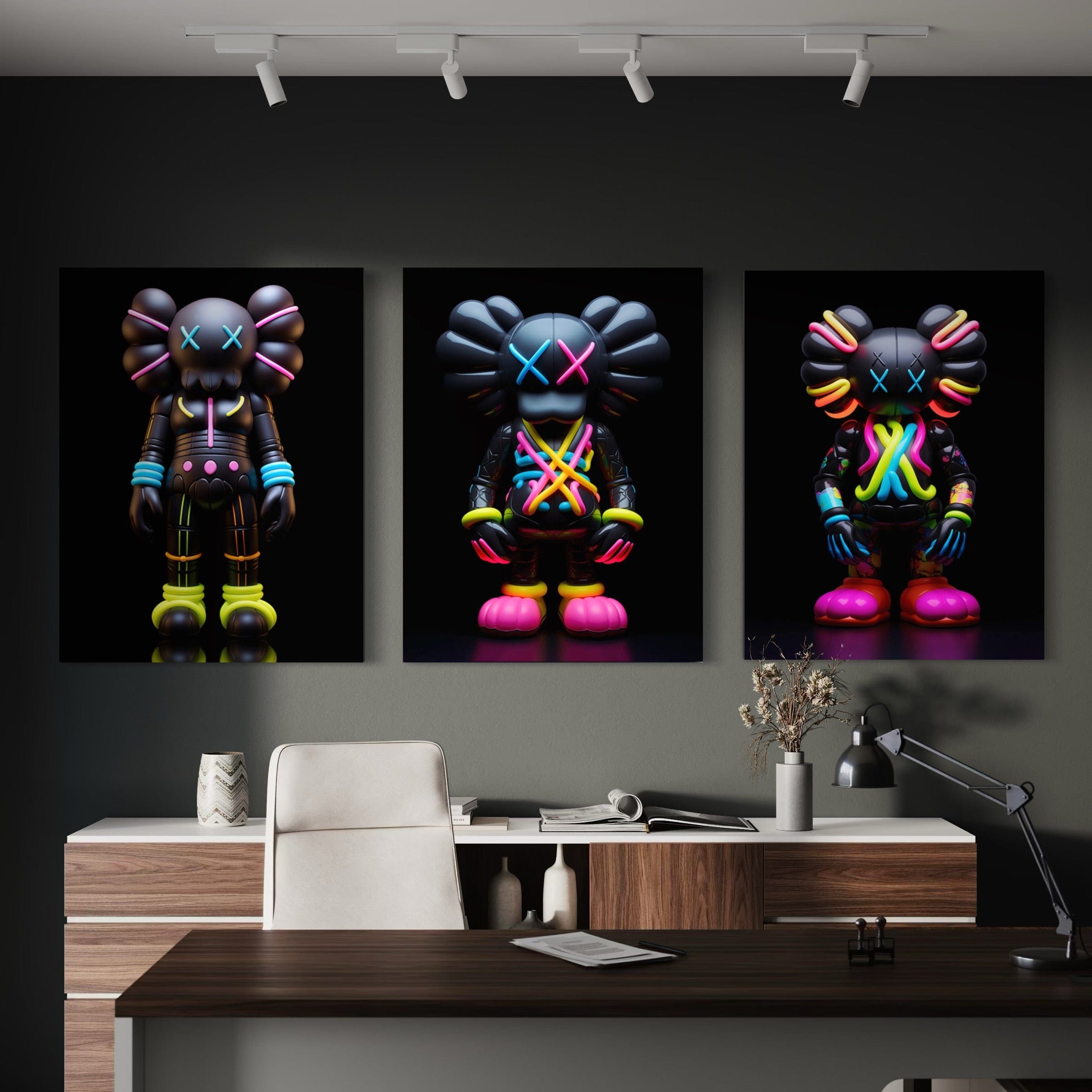 Neon Kaws 3 Piece Canvas Print Ver 1