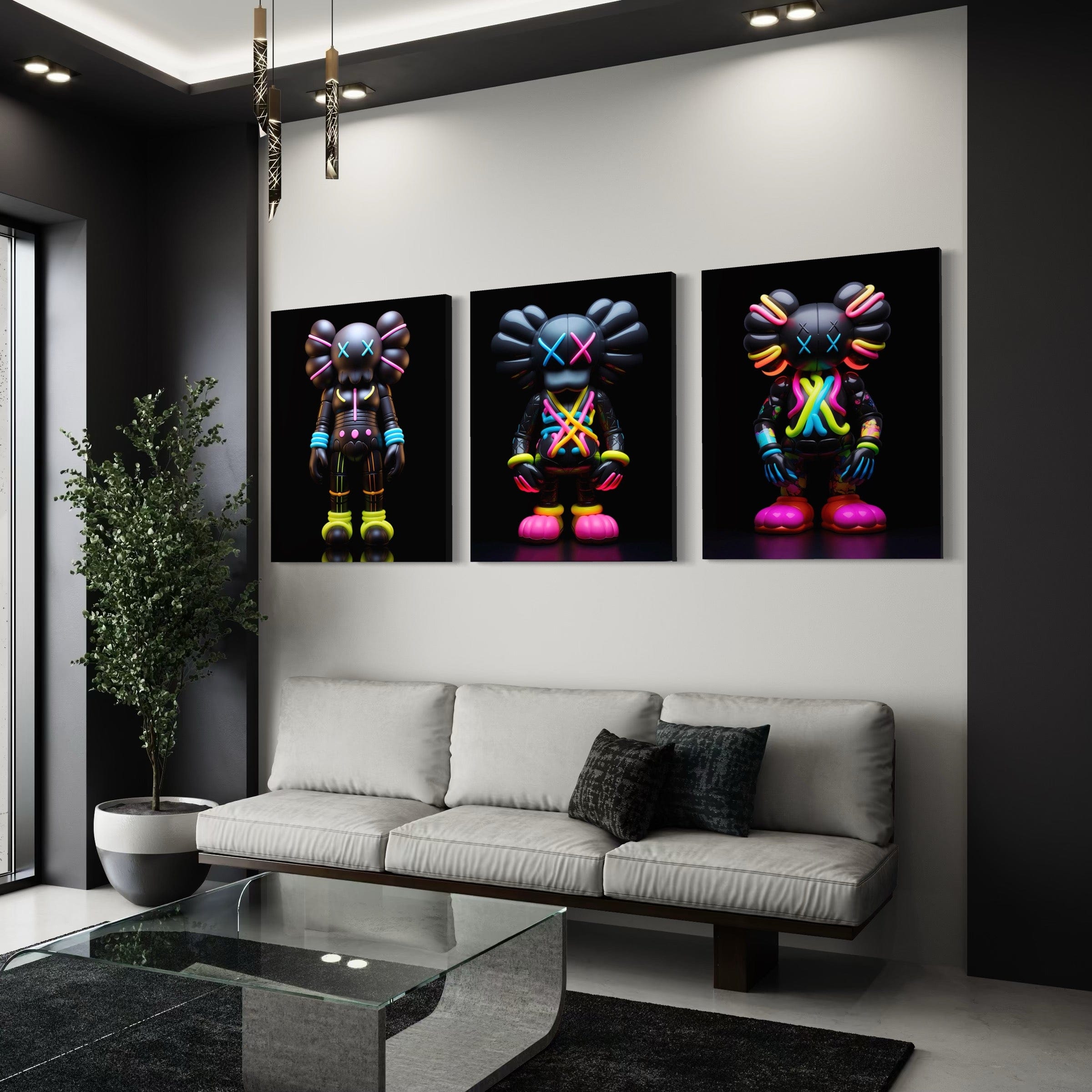 Neon Kaws 3 Piece Canvas Print Ver 1