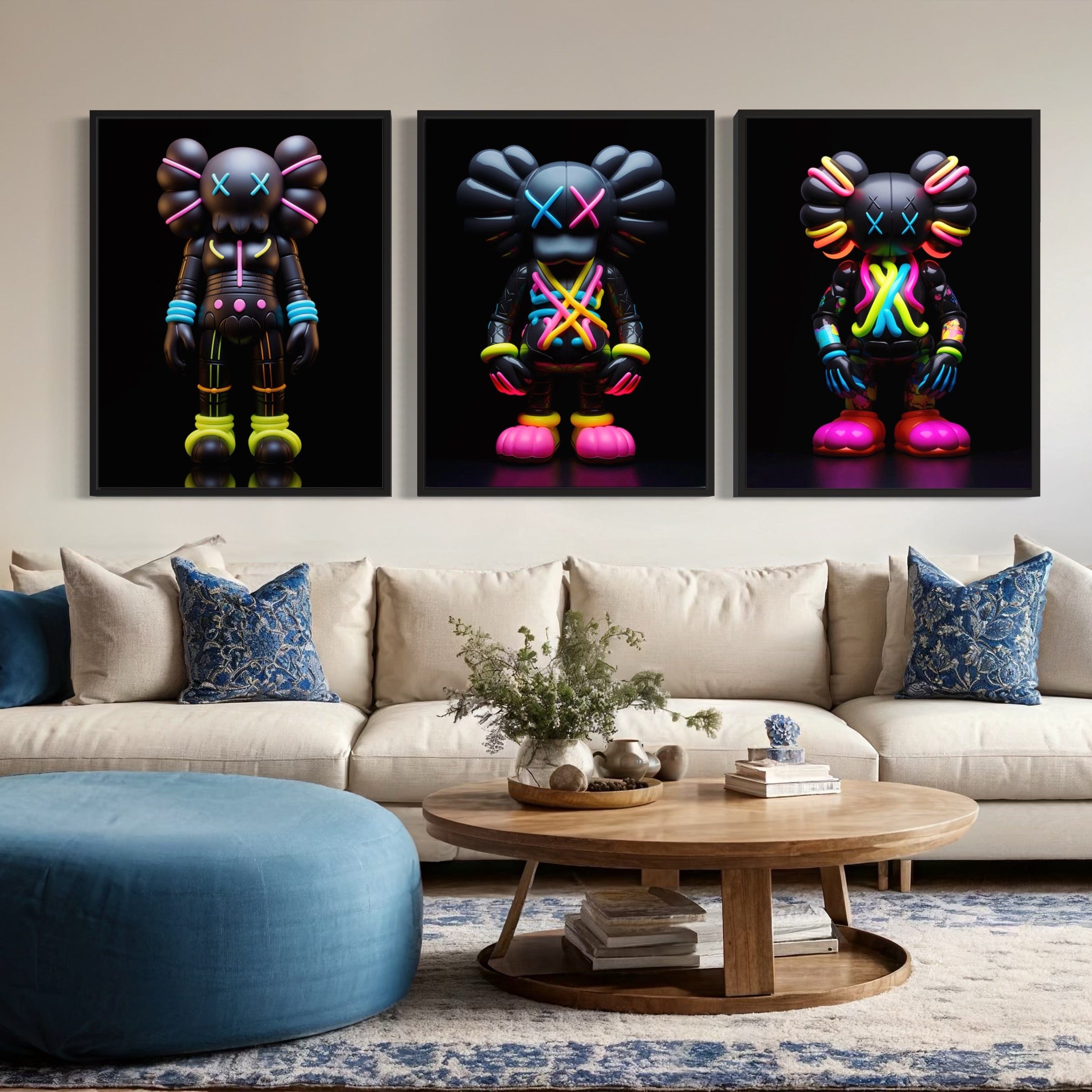 Neon Kaws 3 Piece Canvas Print Ver 1