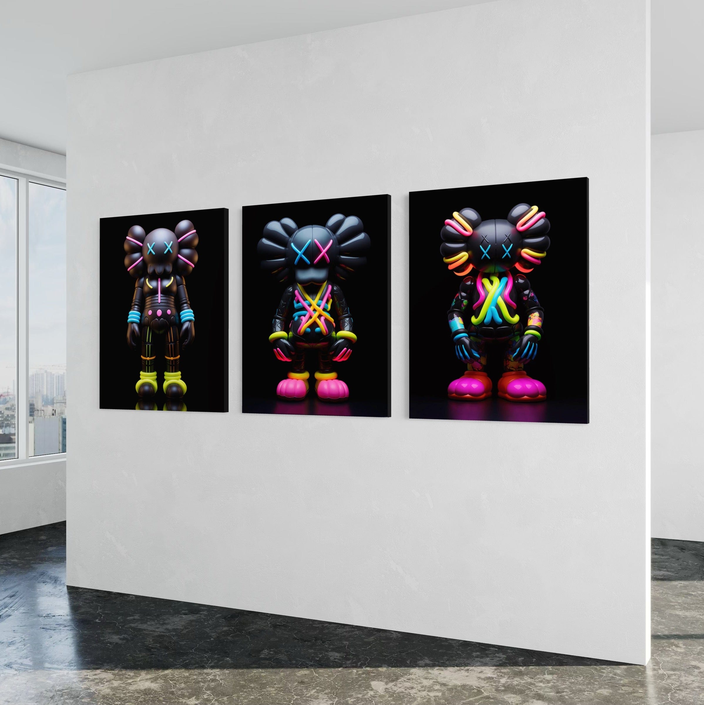 Neon Kaws 3 Piece Canvas Print Ver 1