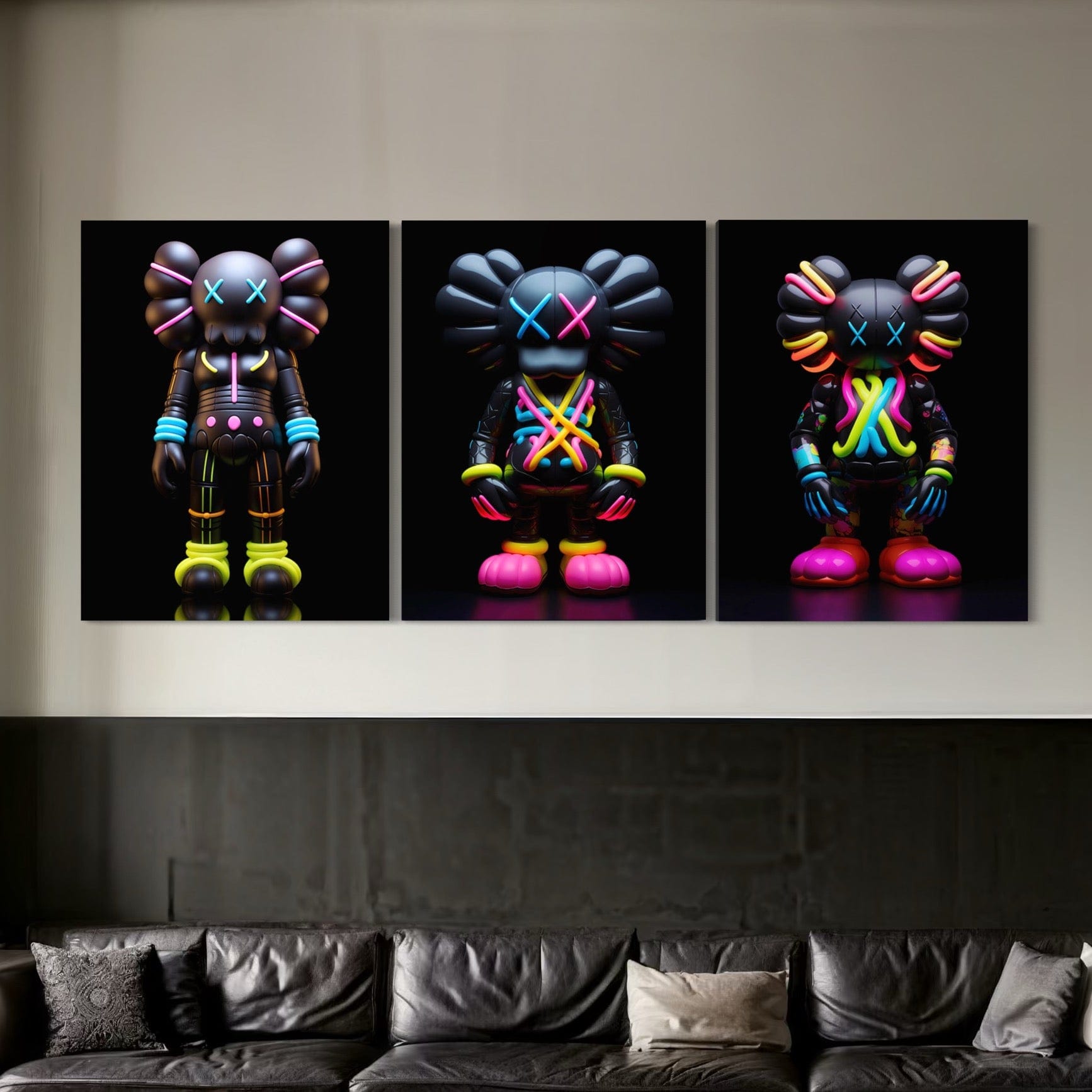 Neon Kaws 3 Piece Canvas Print Ver 1