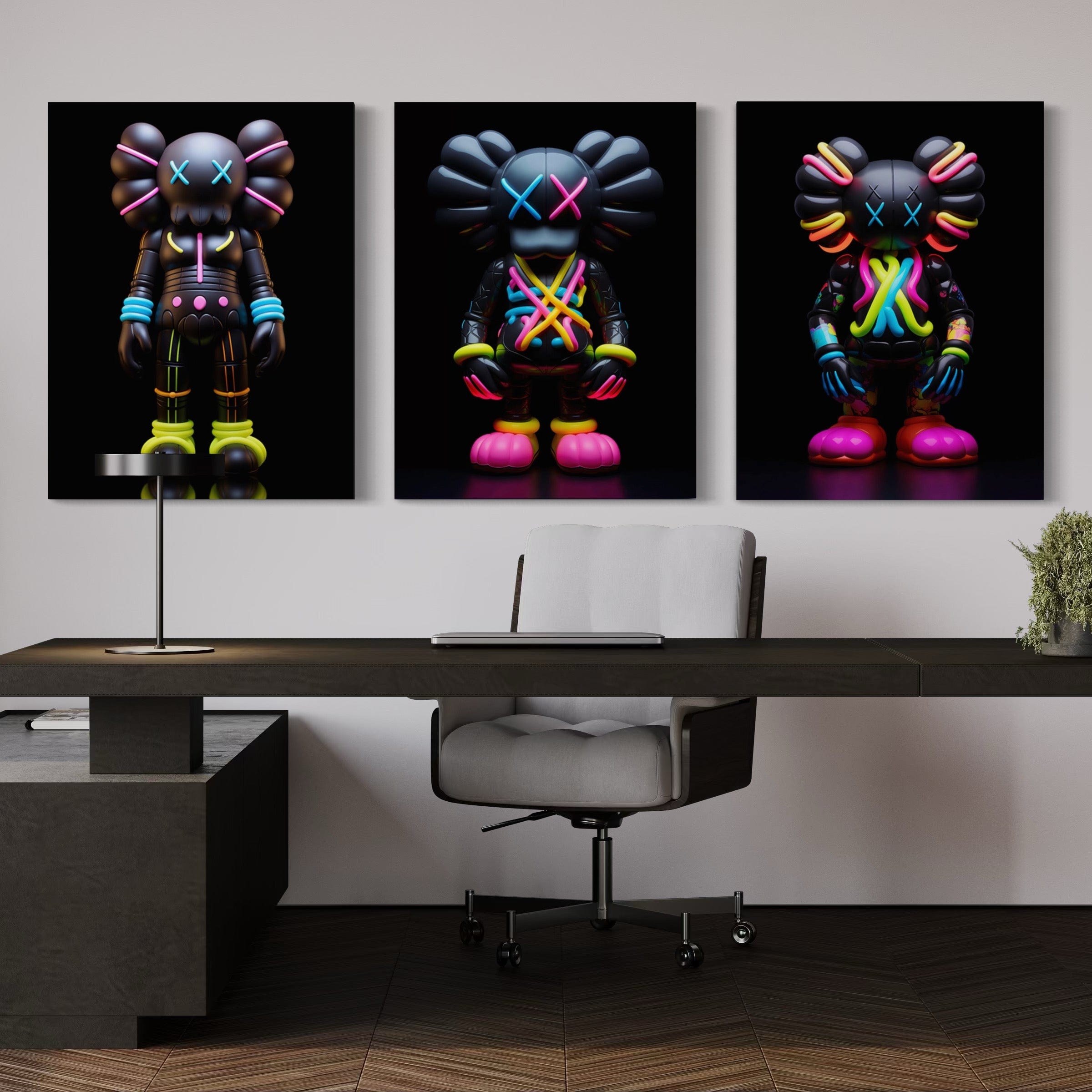 Neon Kaws 3 Piece Canvas Print Ver 1