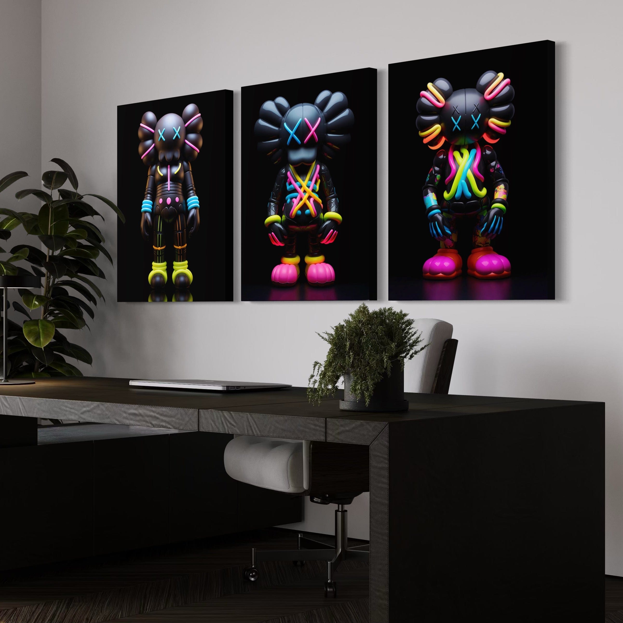 Neon Kaws 3 Piece Canvas Print Ver 1