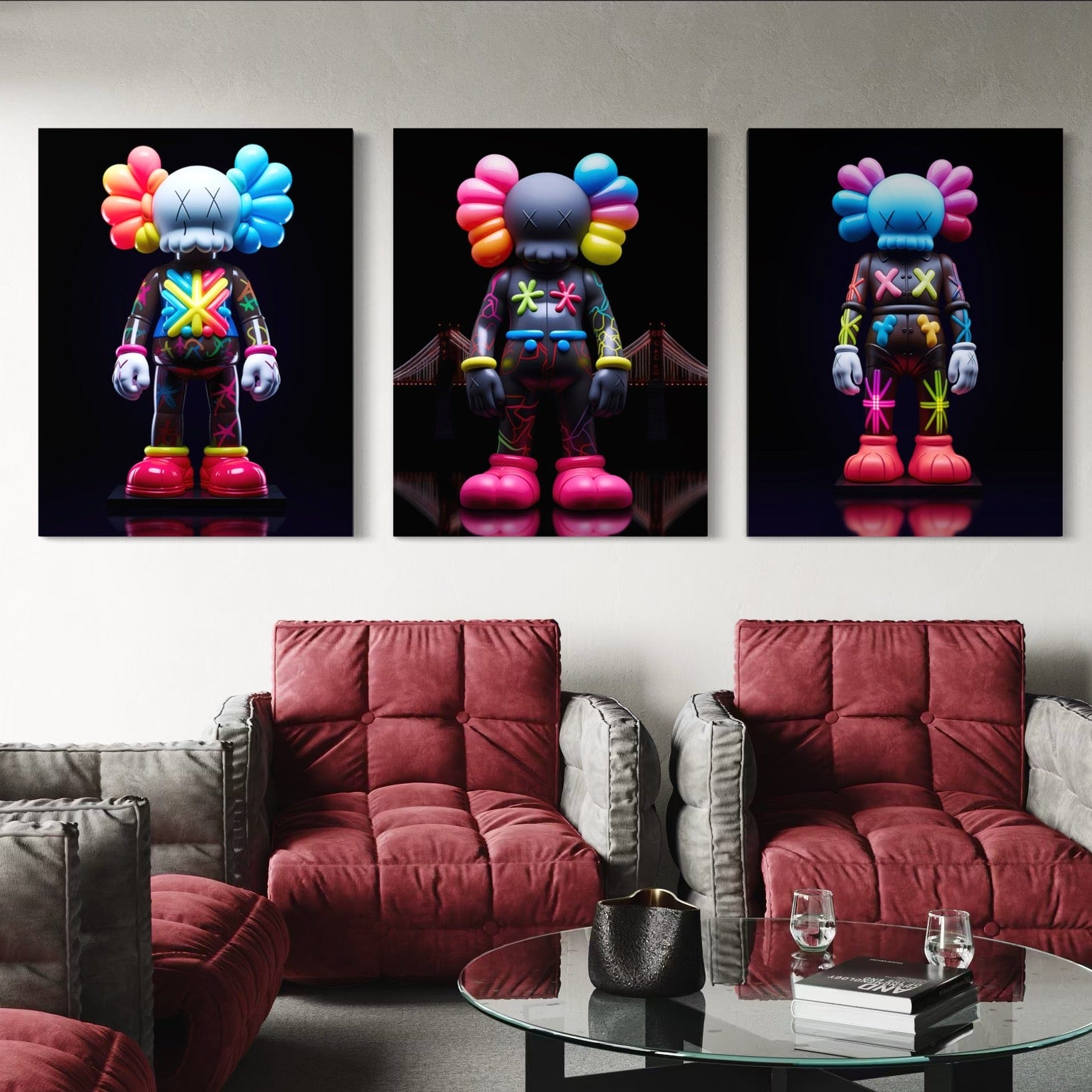 Neon Kaws 3 Piece Canvas Print Ver 2