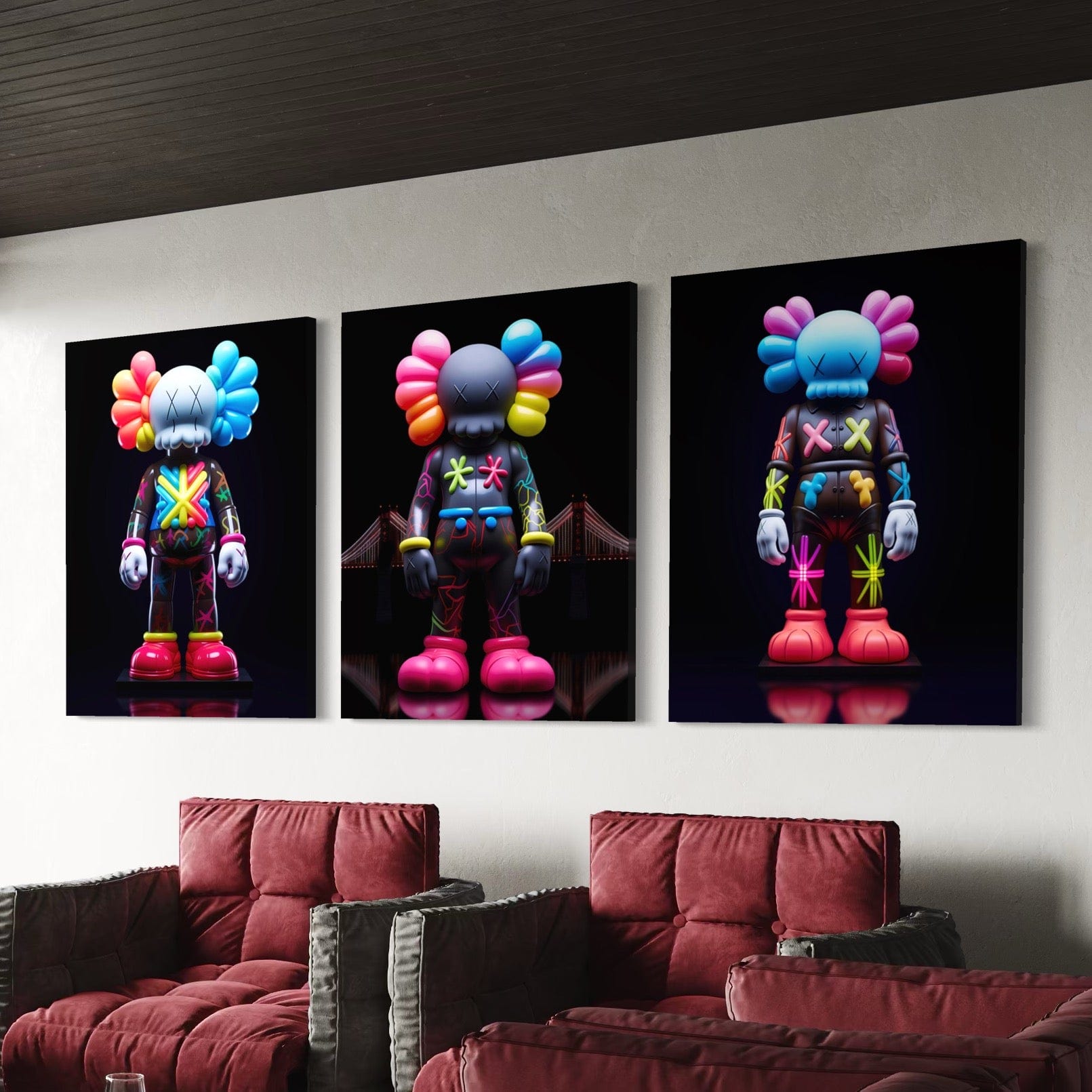 Neon Kaws 3 Piece Canvas Print Ver 2