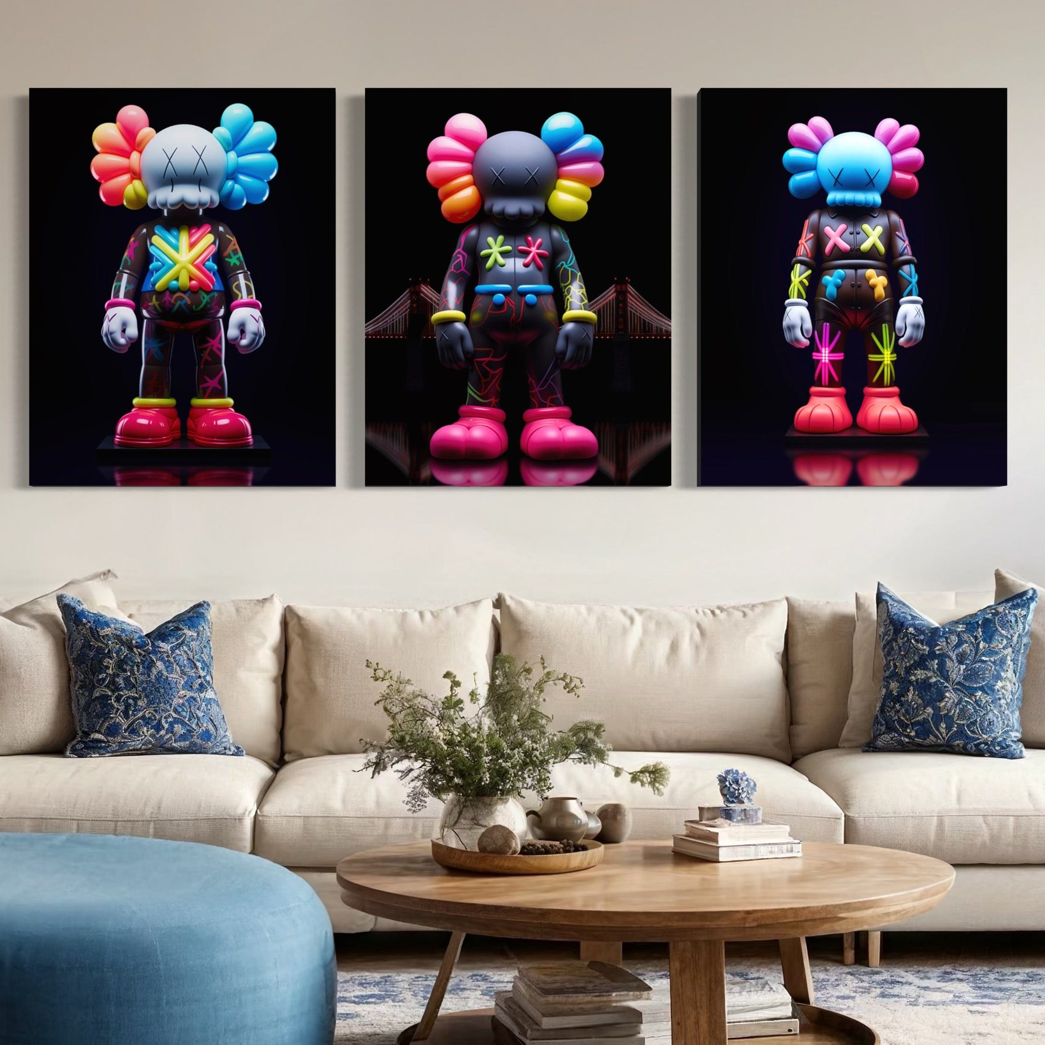 Neon Kaws 3 Piece Canvas Print Ver 2