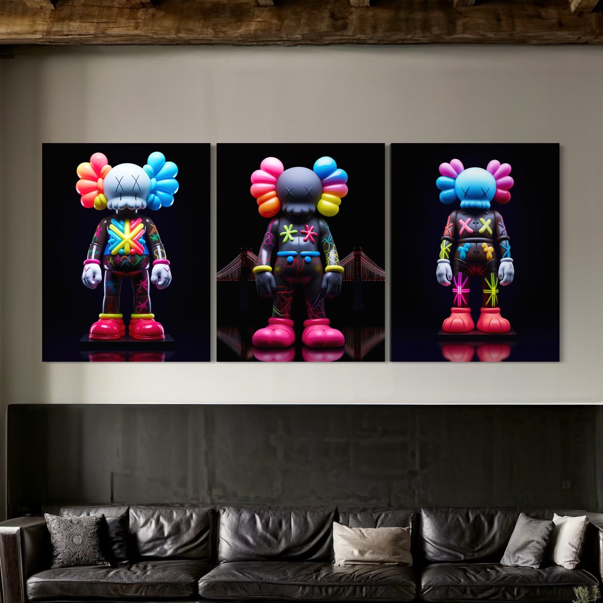 Neon Kaws 3 Piece Canvas Print Ver 2