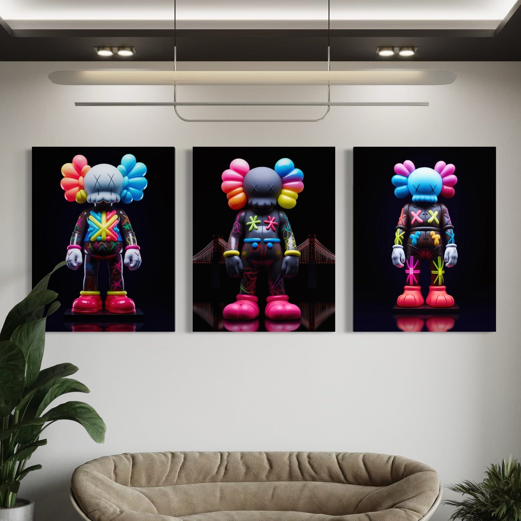 Neon Kaws 3 Piece Canvas Print Ver 2