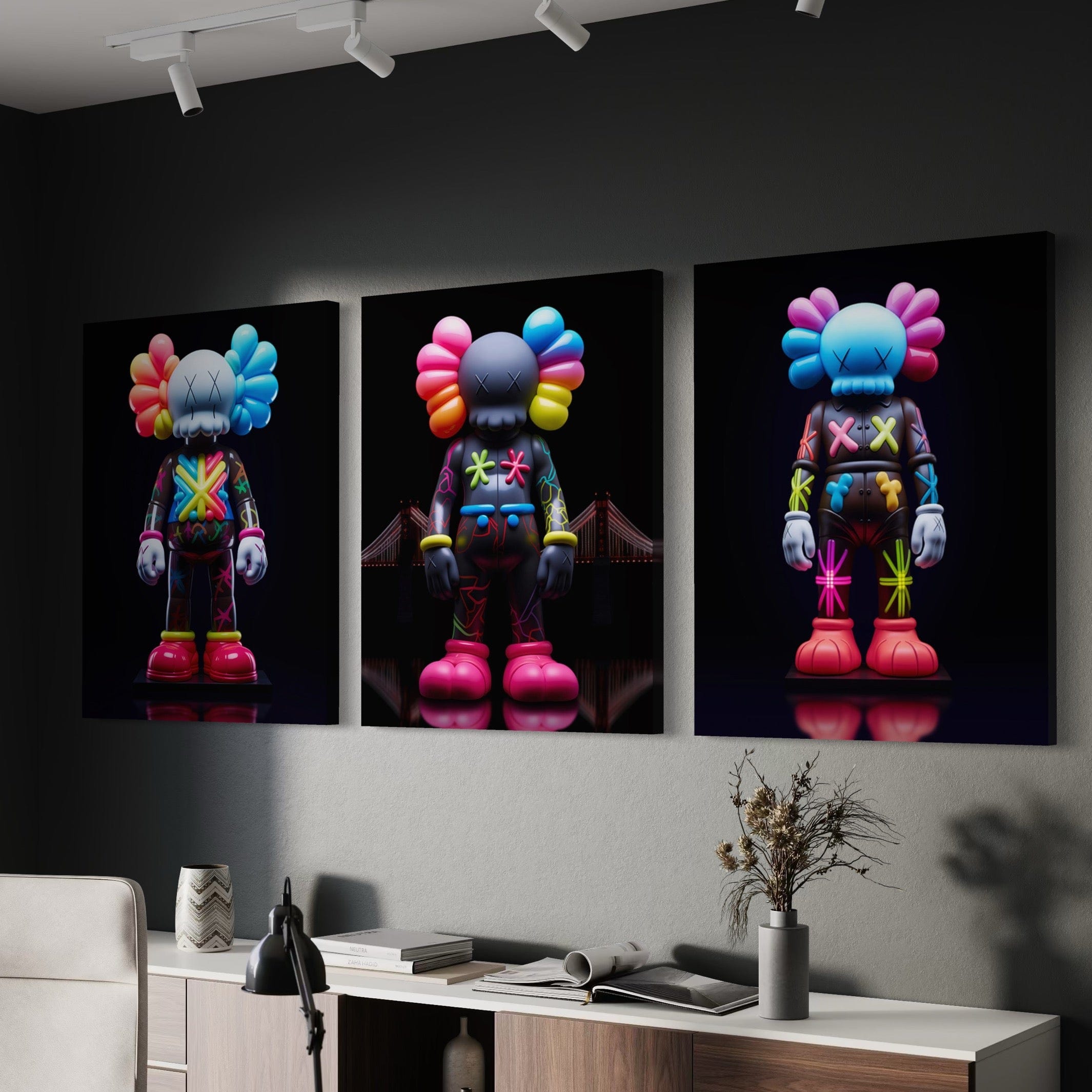 Neon Kaws 3 Piece Canvas Print Ver 2