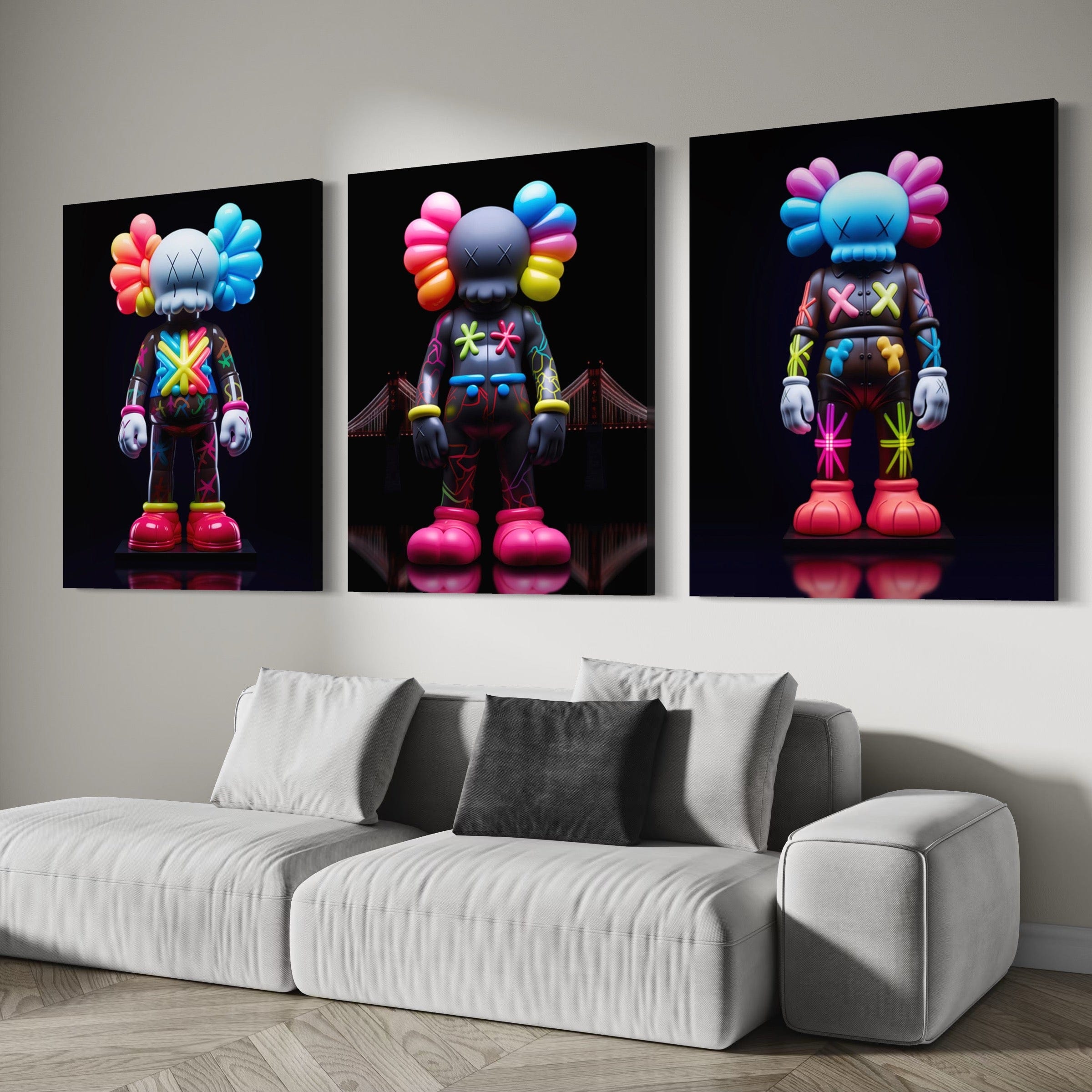 Neon Kaws 3 Piece Canvas Print Ver 2