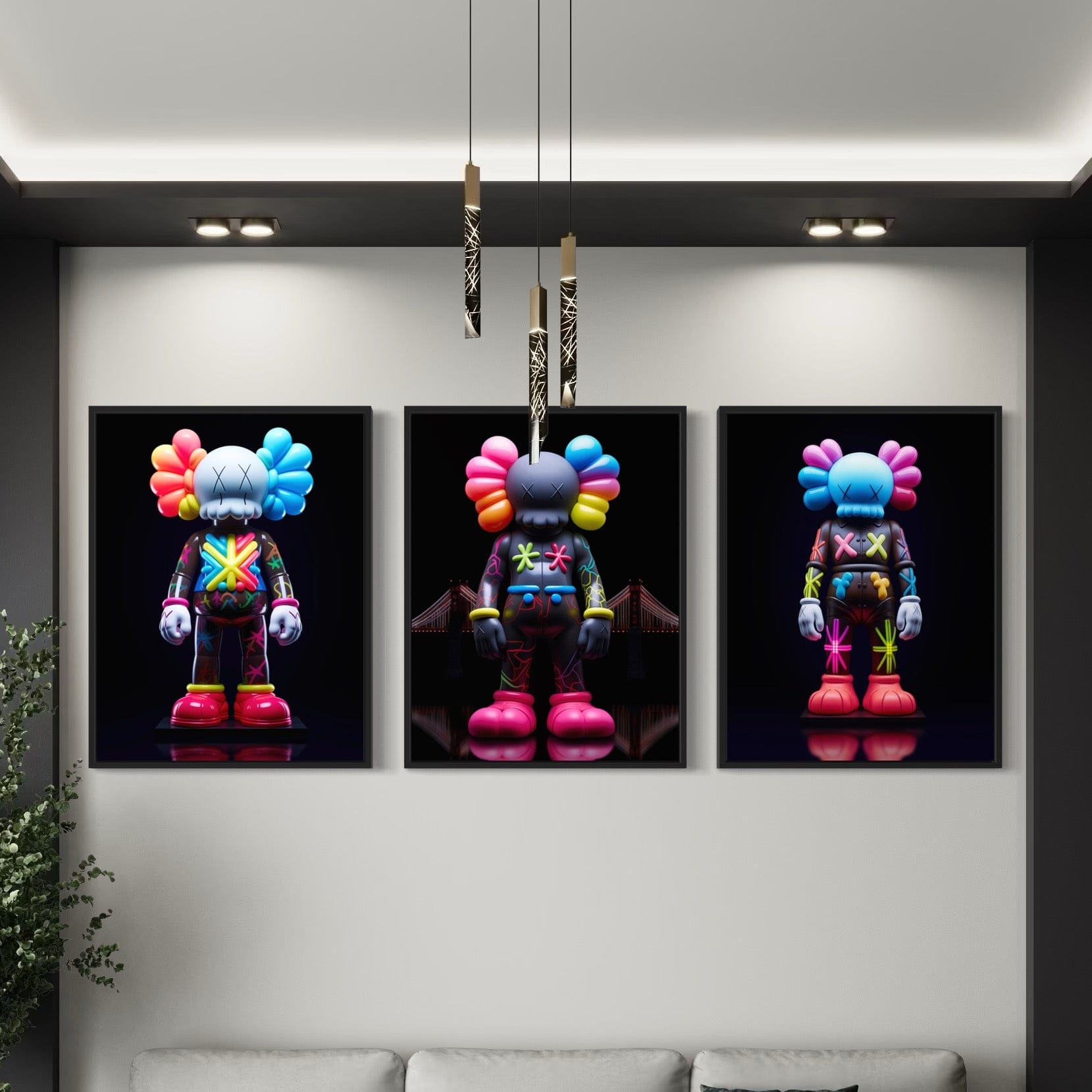 Neon Kaws 3 Piece Canvas Print Ver 2