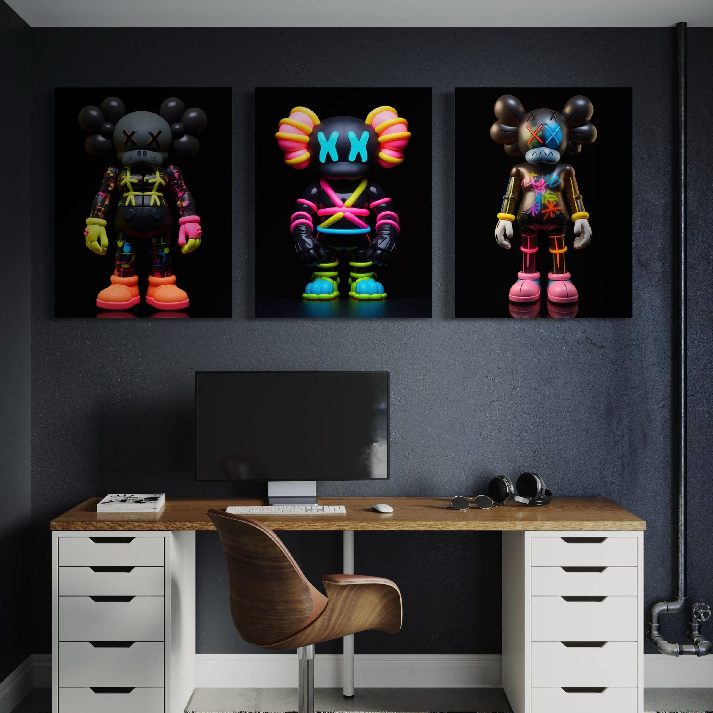 Neon Kaws 3 Piece Canvas Print Ver 3