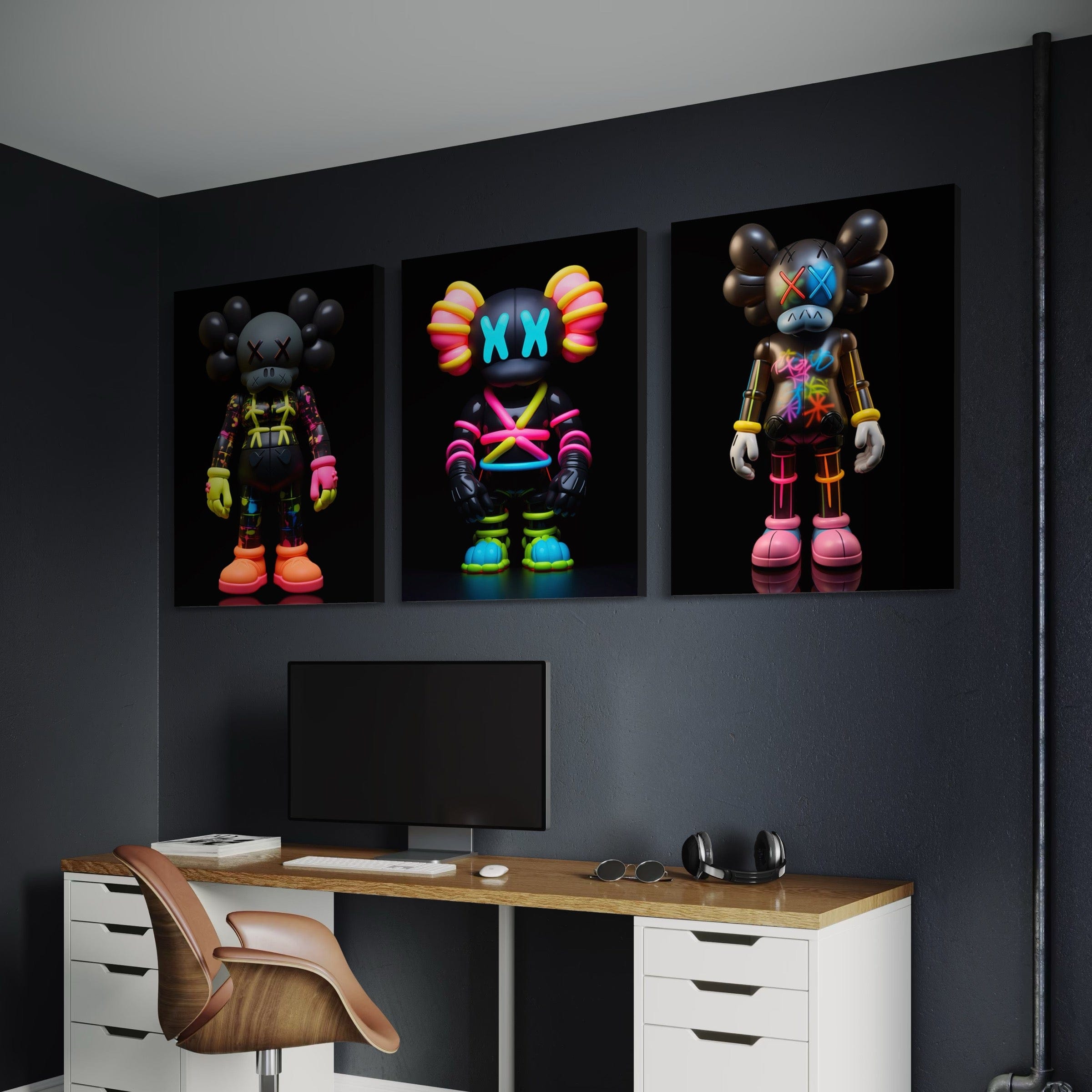 Neon Kaws 3 Piece Canvas Print Ver 3