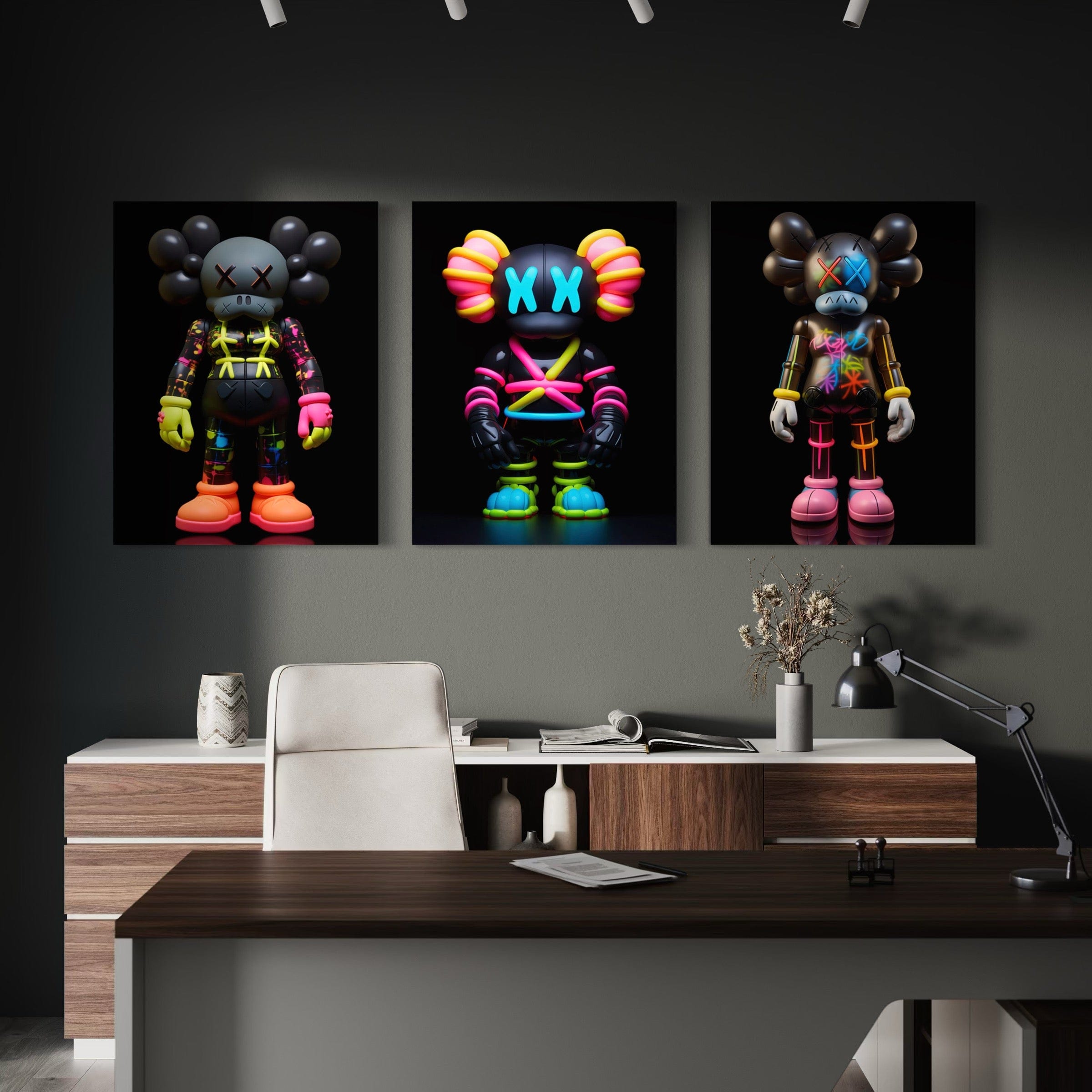 Neon Kaws 3 Piece Canvas Print Ver 3