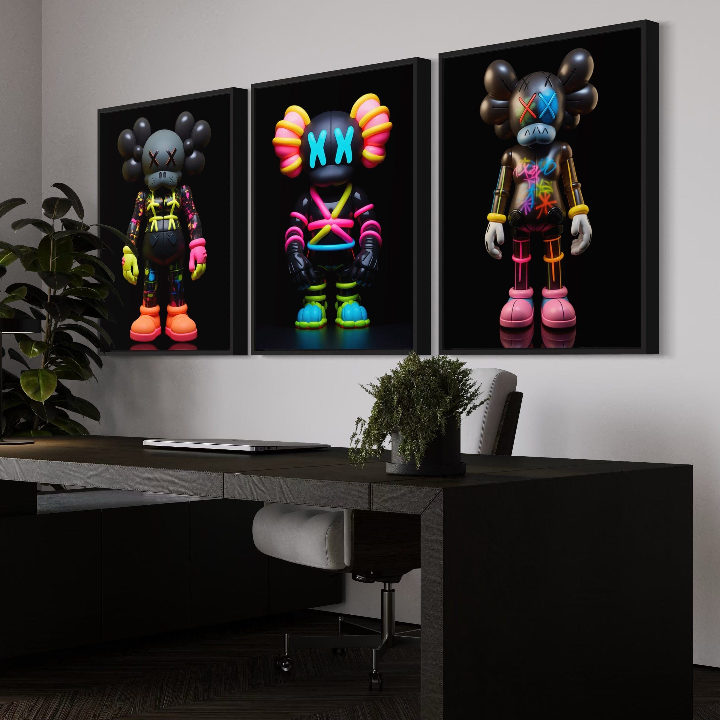 Neon Kaws 3 Piece Canvas Print Ver 3