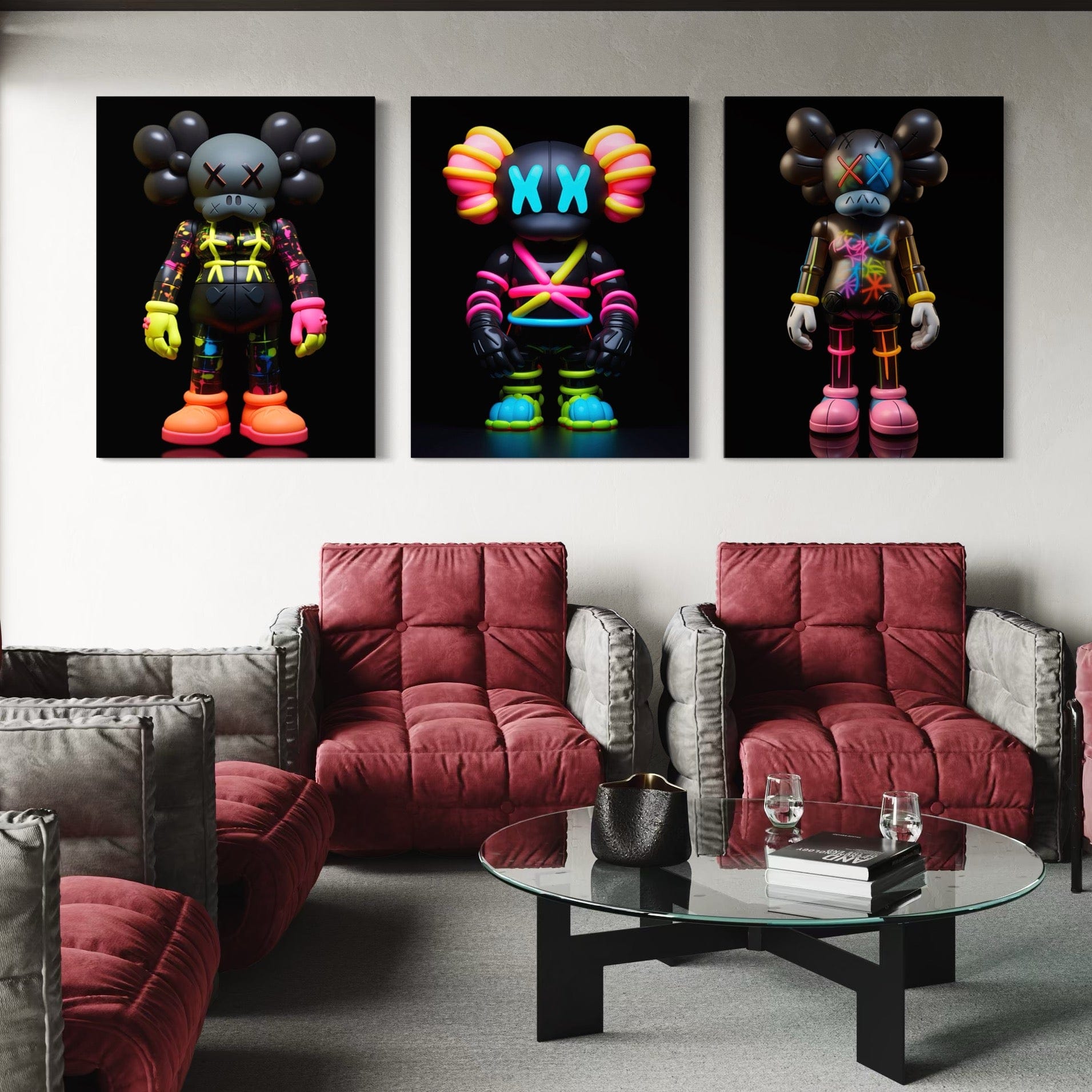 Neon Kaws 3 Piece Canvas Print Ver 3